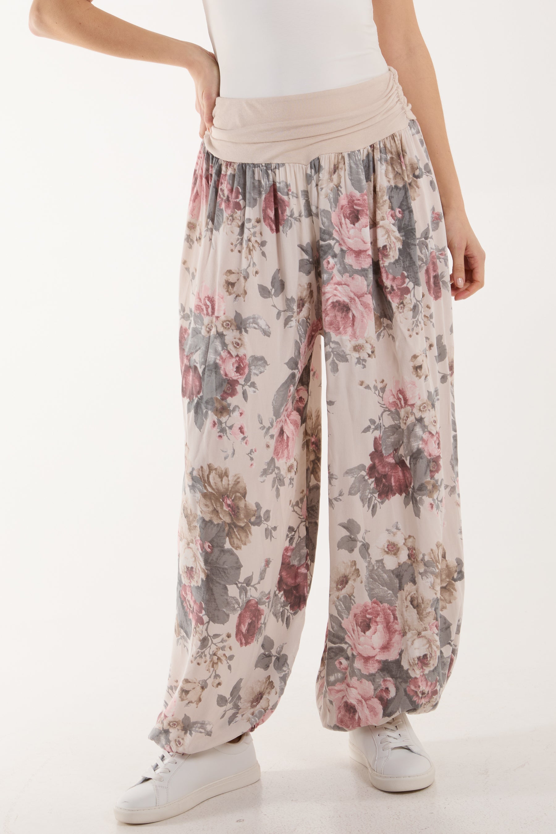 Roses Contrast Waist Harem Trousers Trousers WearAll Beige One Size