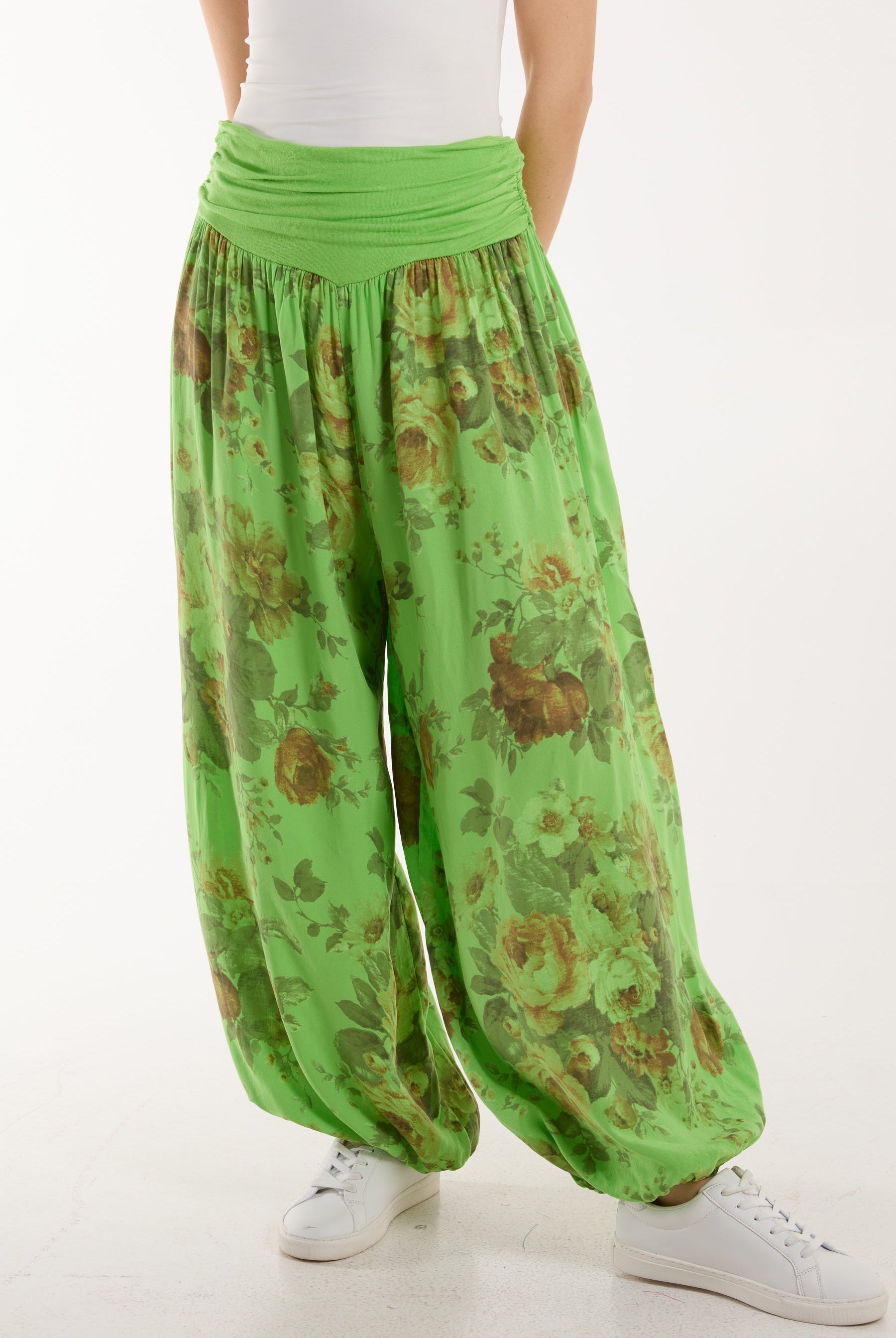Roses Contrast Waist Harem Trousers Trousers WearAll Apple Green One Size