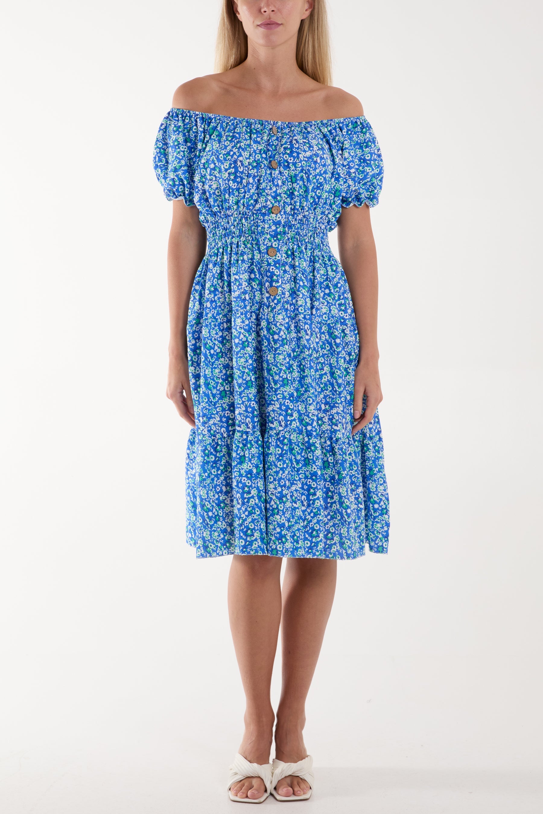 Ditsy Floral Bardot Midi Dress Dresses WearAll Royal Blue One Size