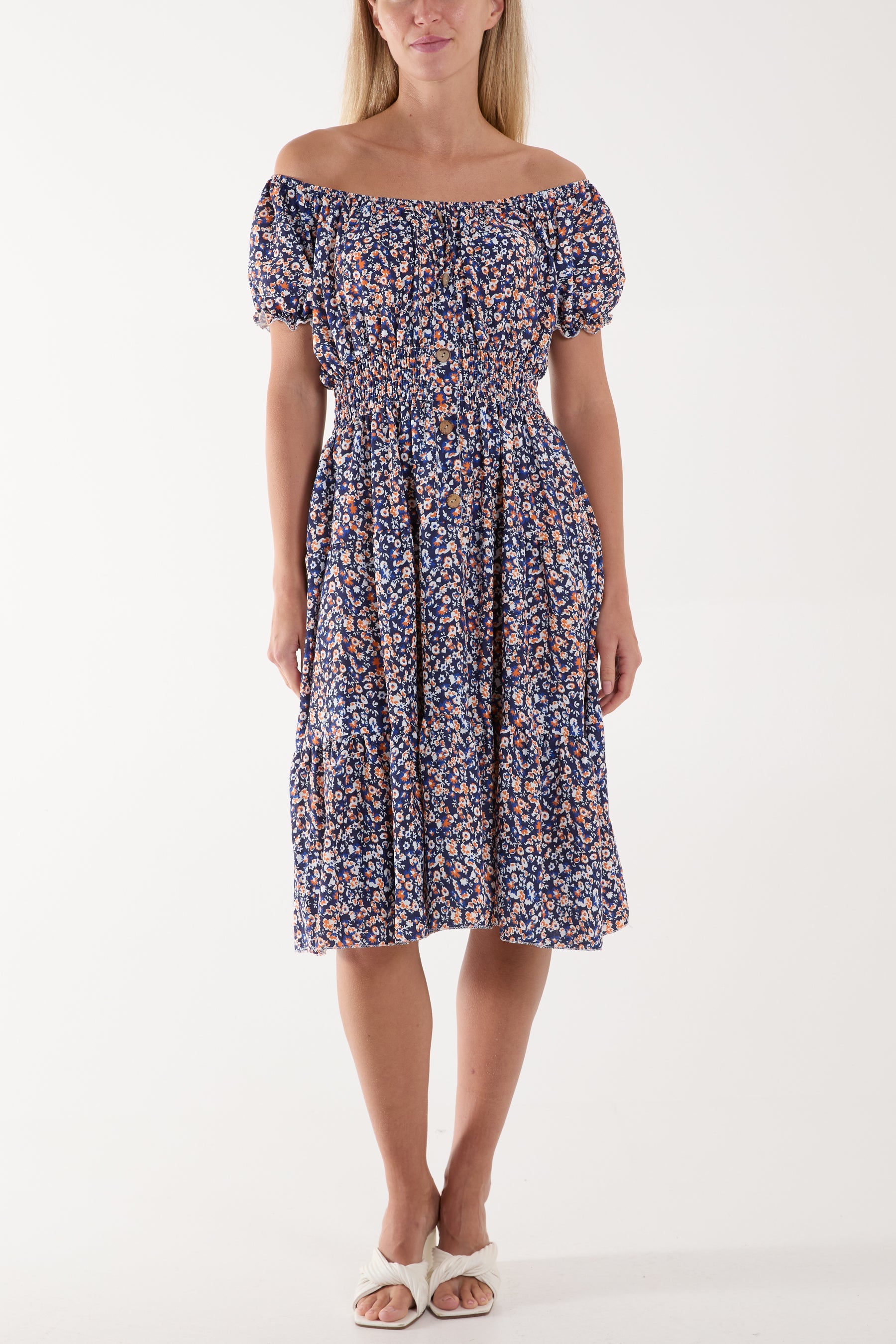 Ditsy Floral Bardot Midi Dress Dresses WearAll Navy One Size