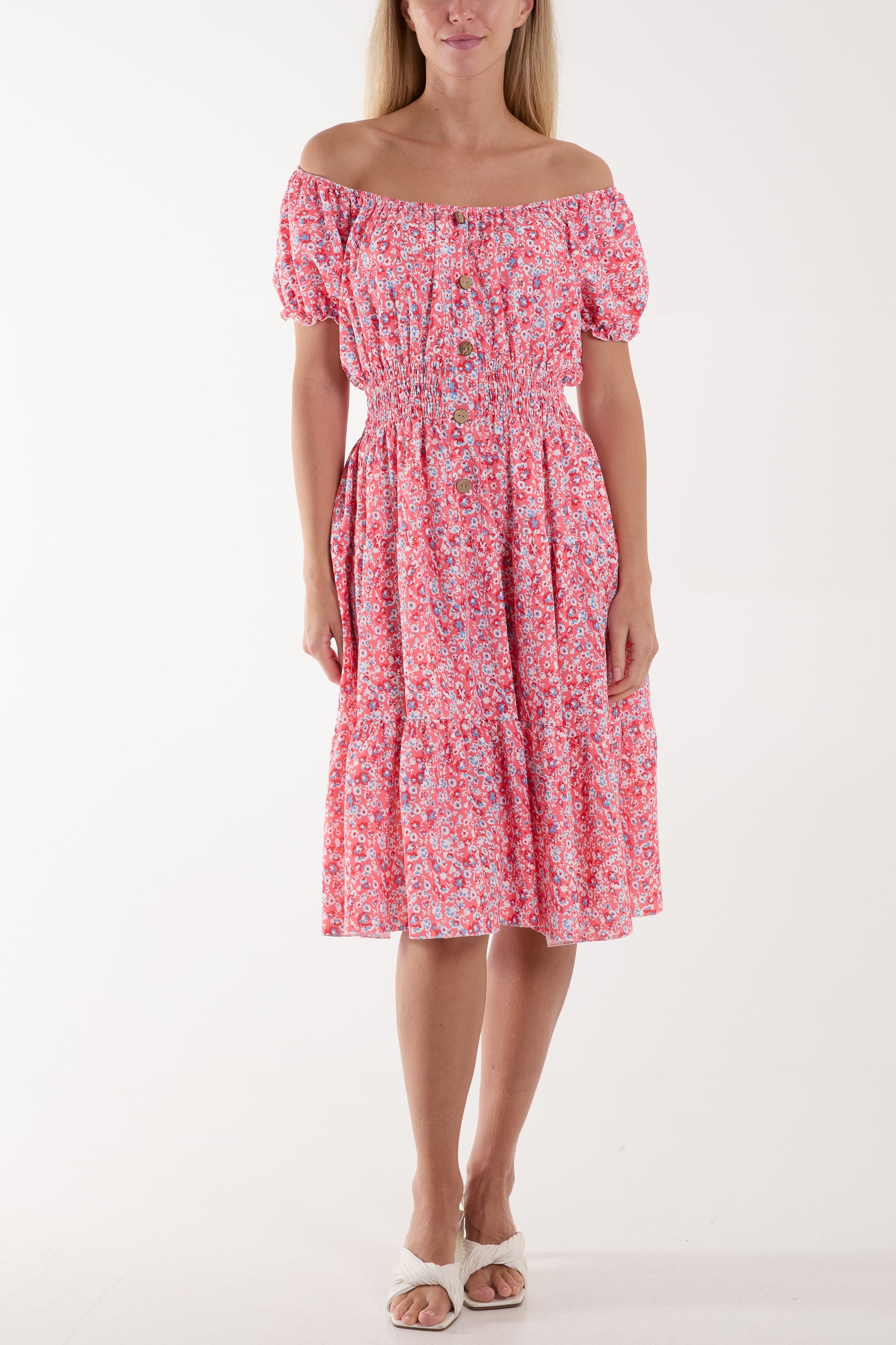 Ditsy Floral Bardot Midi Dress Dresses WearAll Coral One Size
