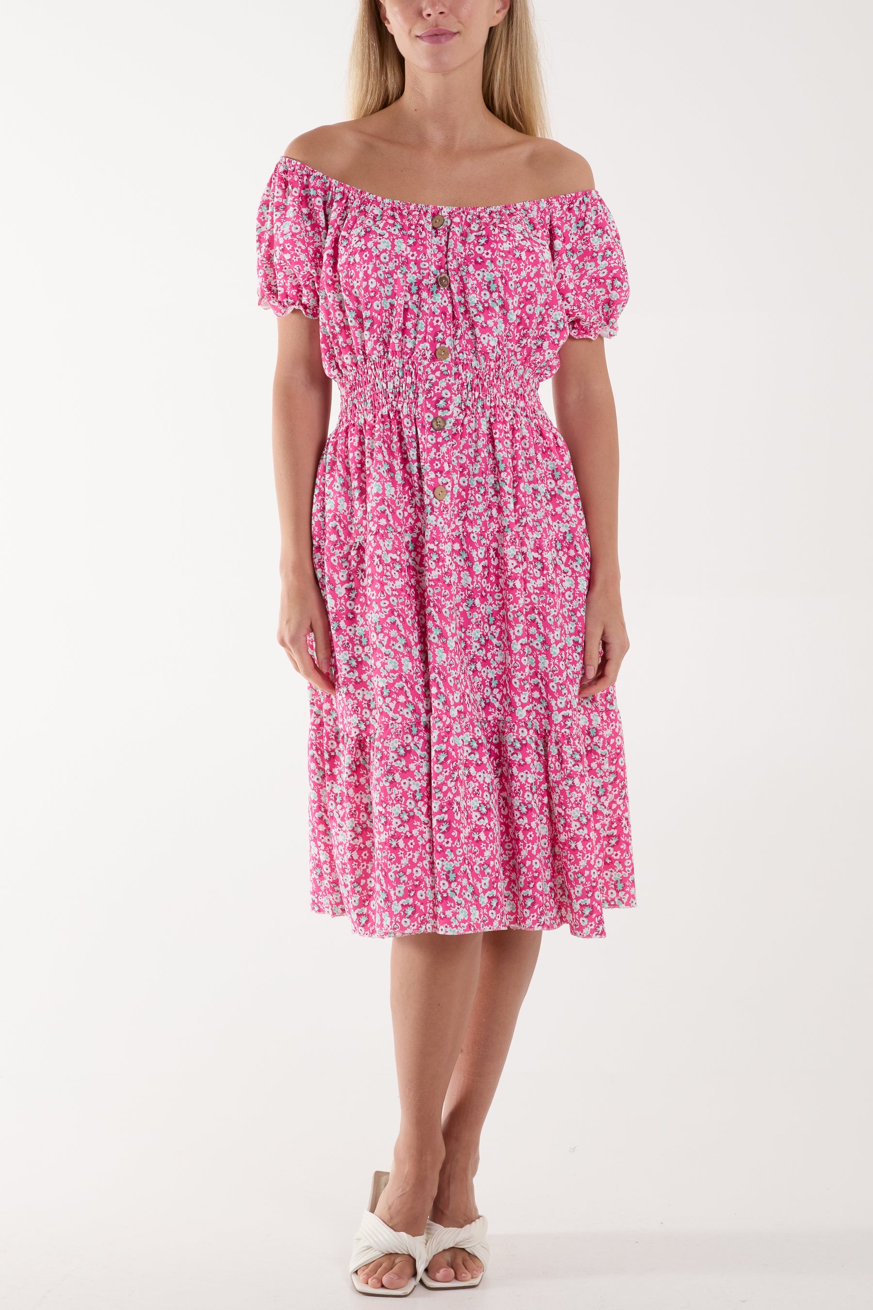 Ditsy Floral Bardot Midi Dress Dresses WearAll Fuchsia One Size
