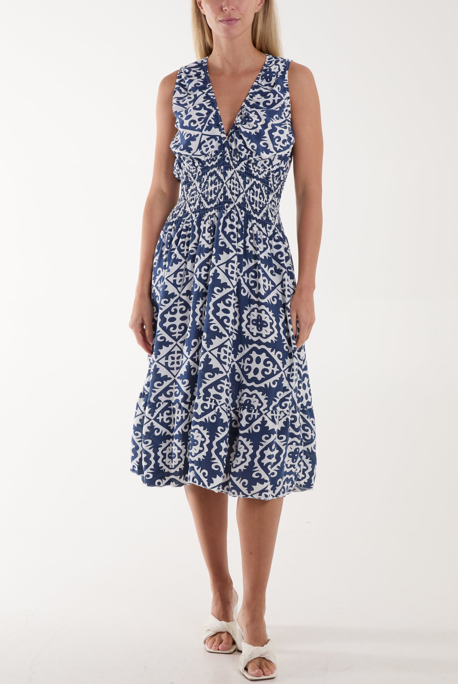 Tile Print Elasticated Neck Midi Dress Dresses WearAll Navy One Size
