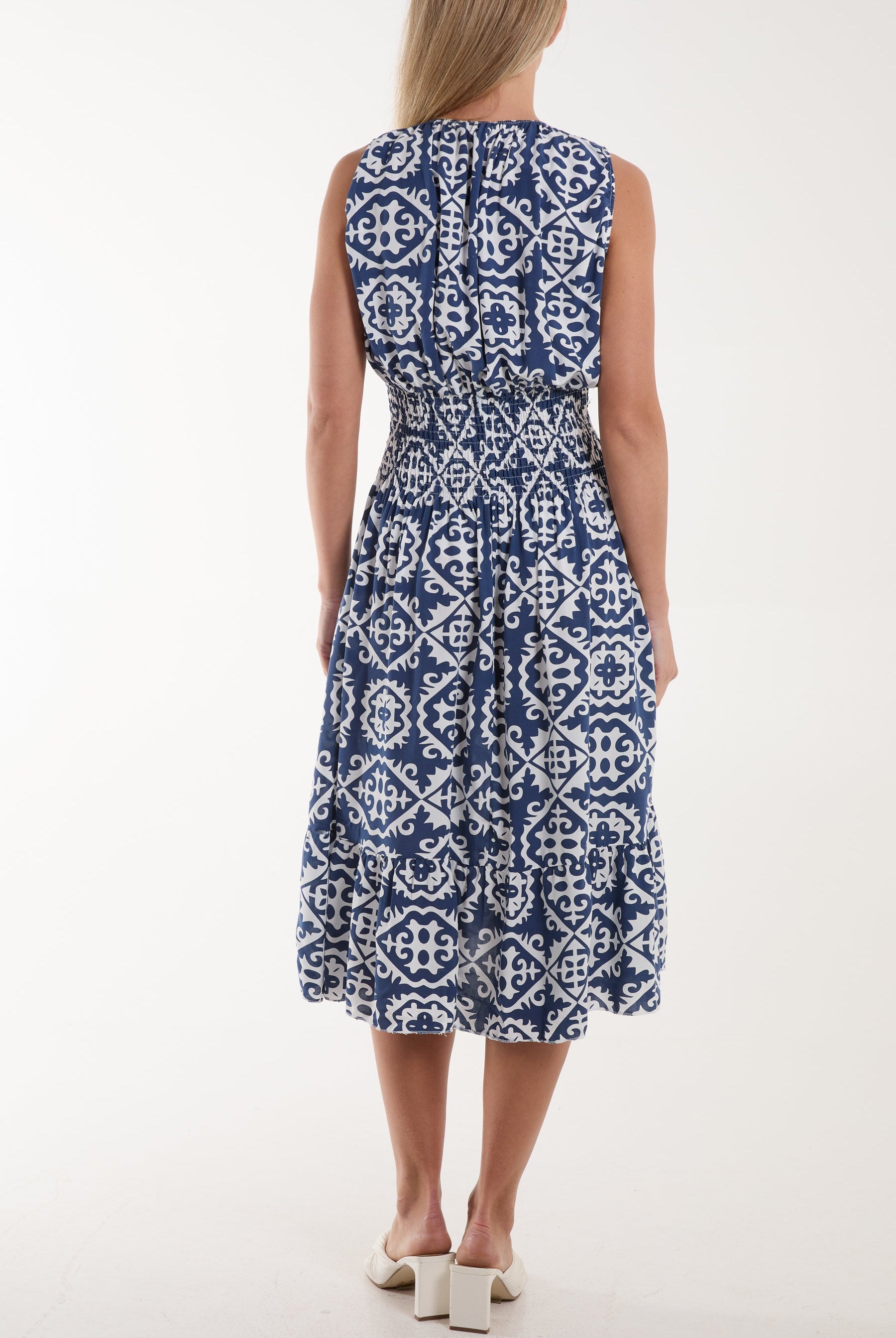 Tile Print Elasticated Neck Midi Dress Dresses WearAll
