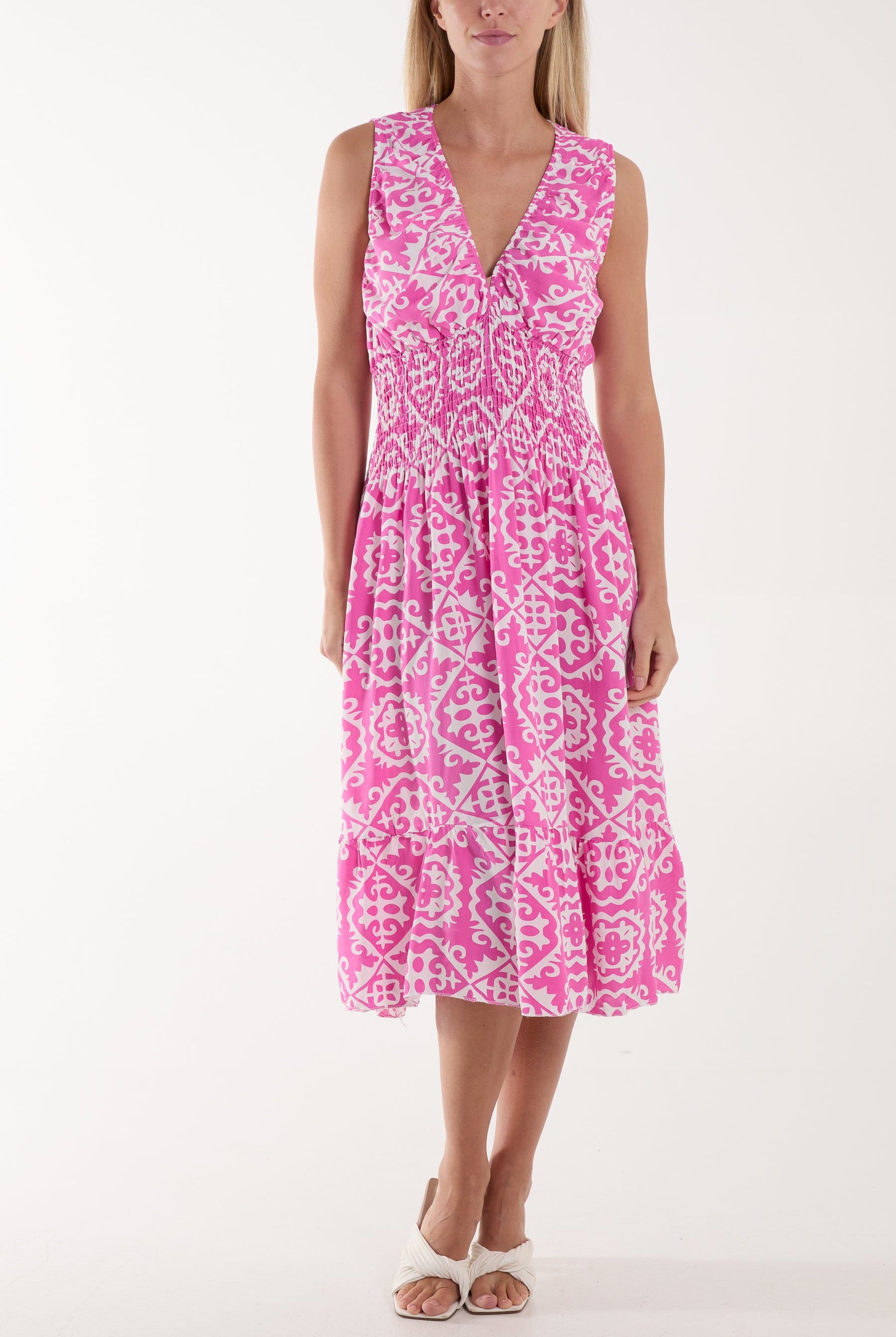 Tile Print Elasticated Neck Midi Dress Dresses WearAll Fuchsia One Size