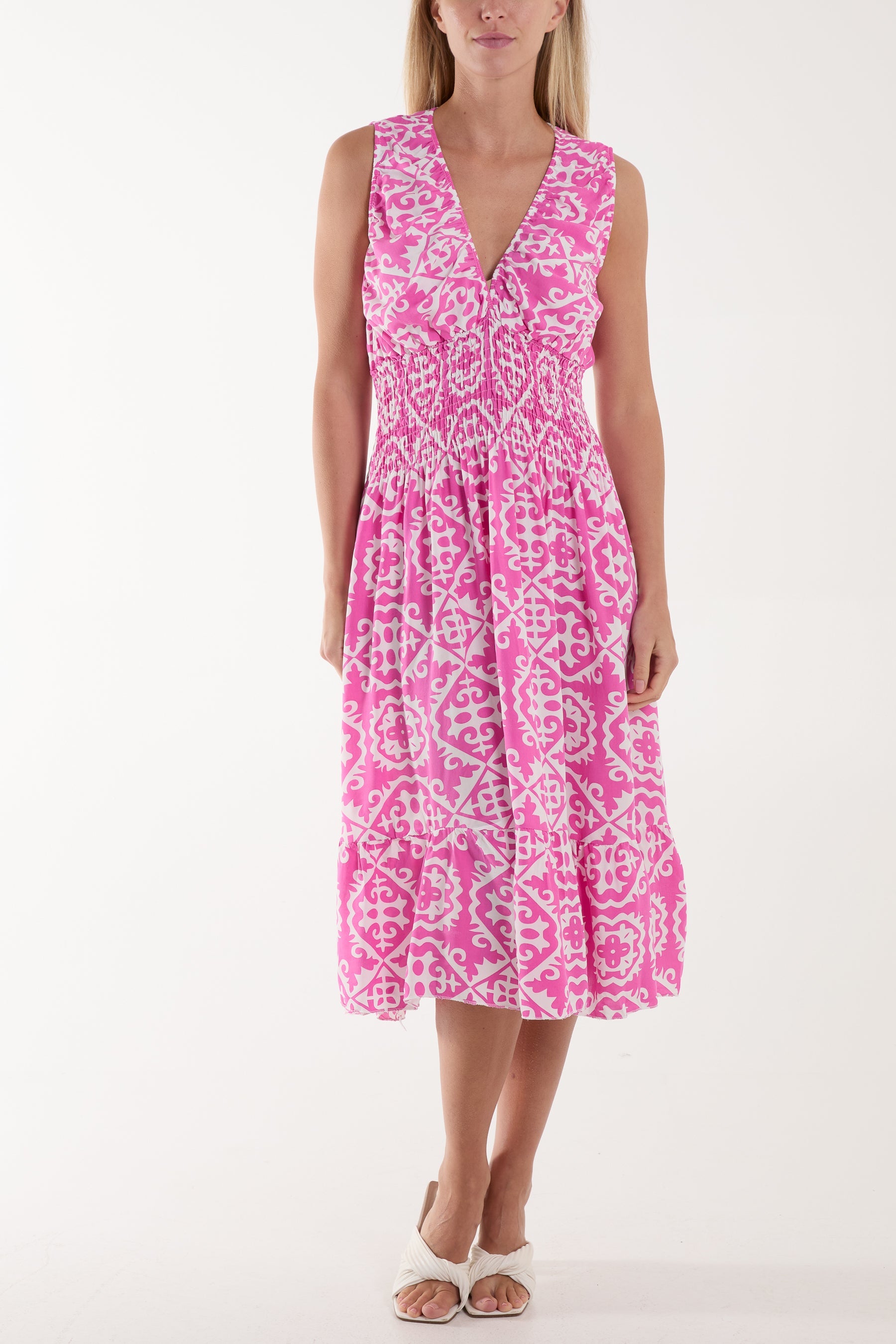 Tile Print Elasticated Neck Midi Dress Dresses WearAll Fuchsia One Size