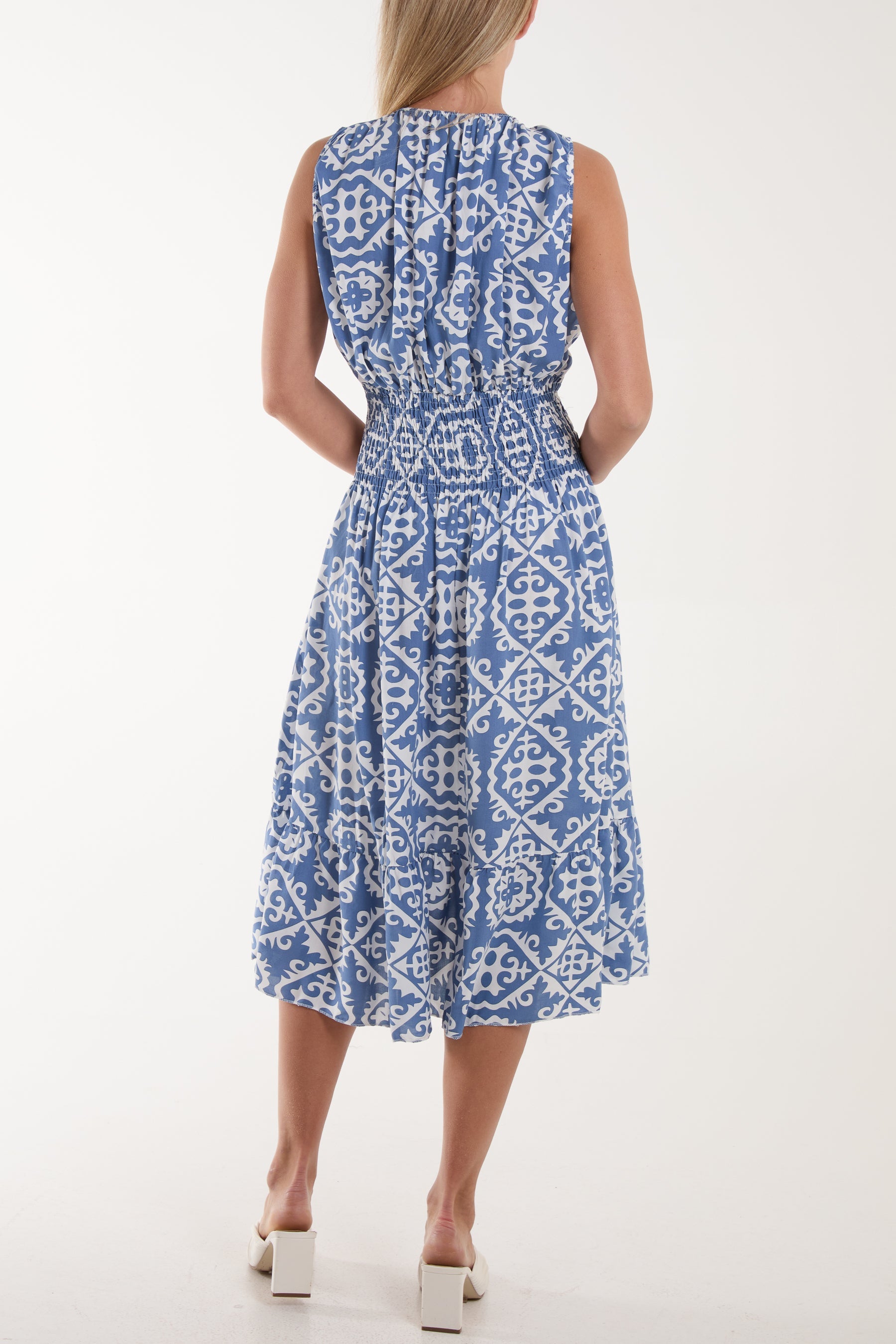 Tile Print Elasticated Neck Midi Dress Dresses WearAll