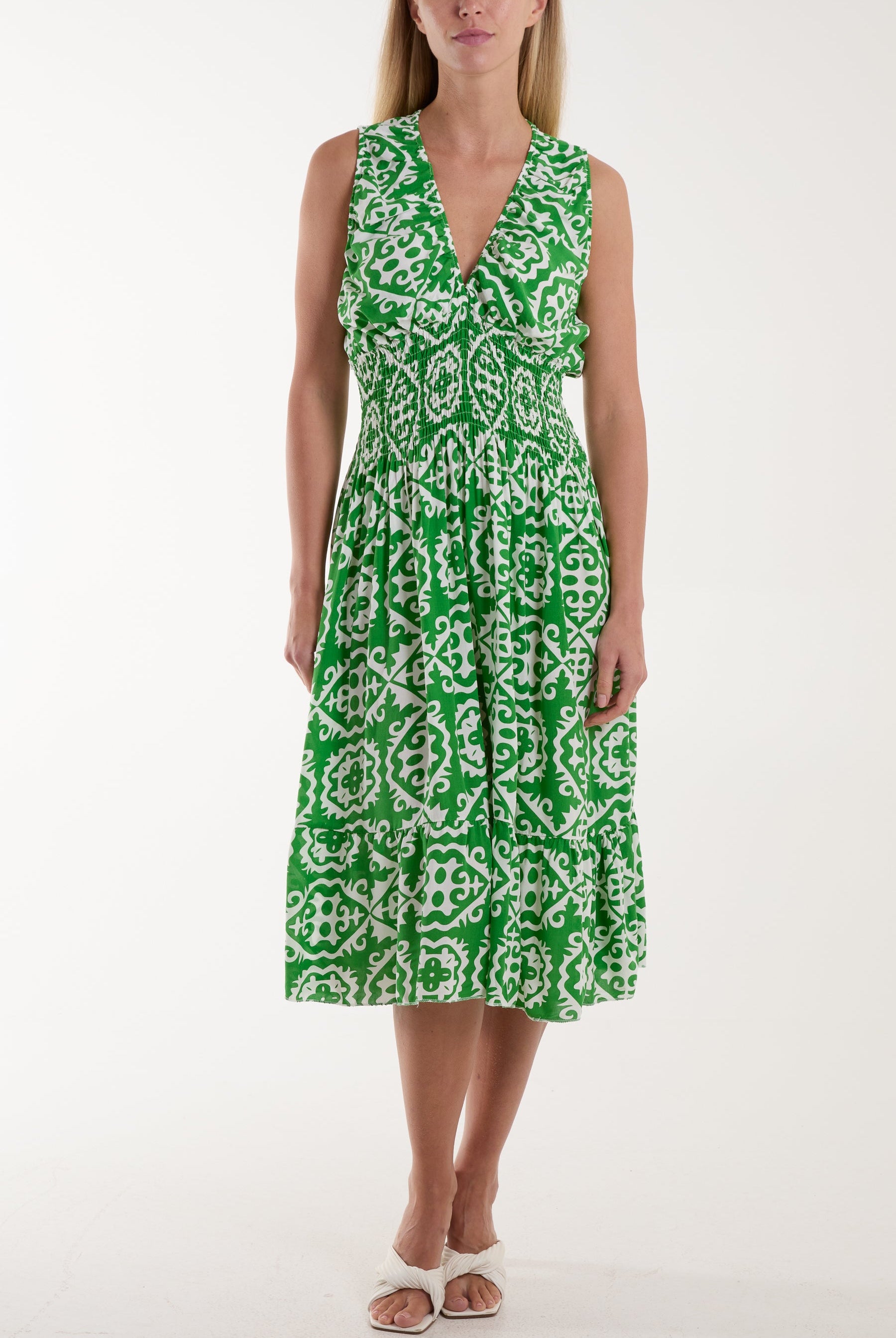 Tile Print Elasticated Neck Midi Dress Dresses WearAll Jade One Size