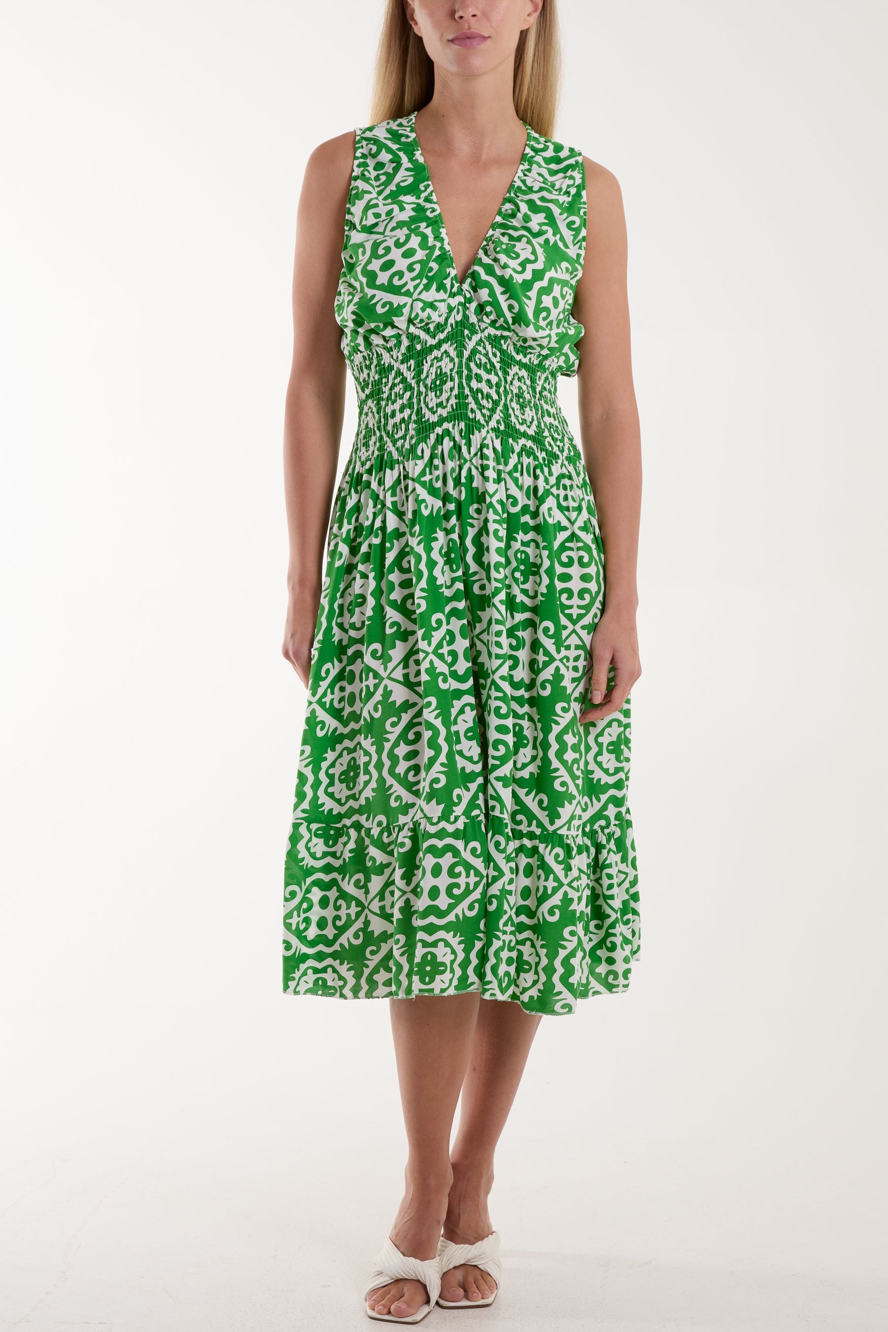 Tile Print Elasticated Neck Midi Dress Dresses WearAll Jade One Size