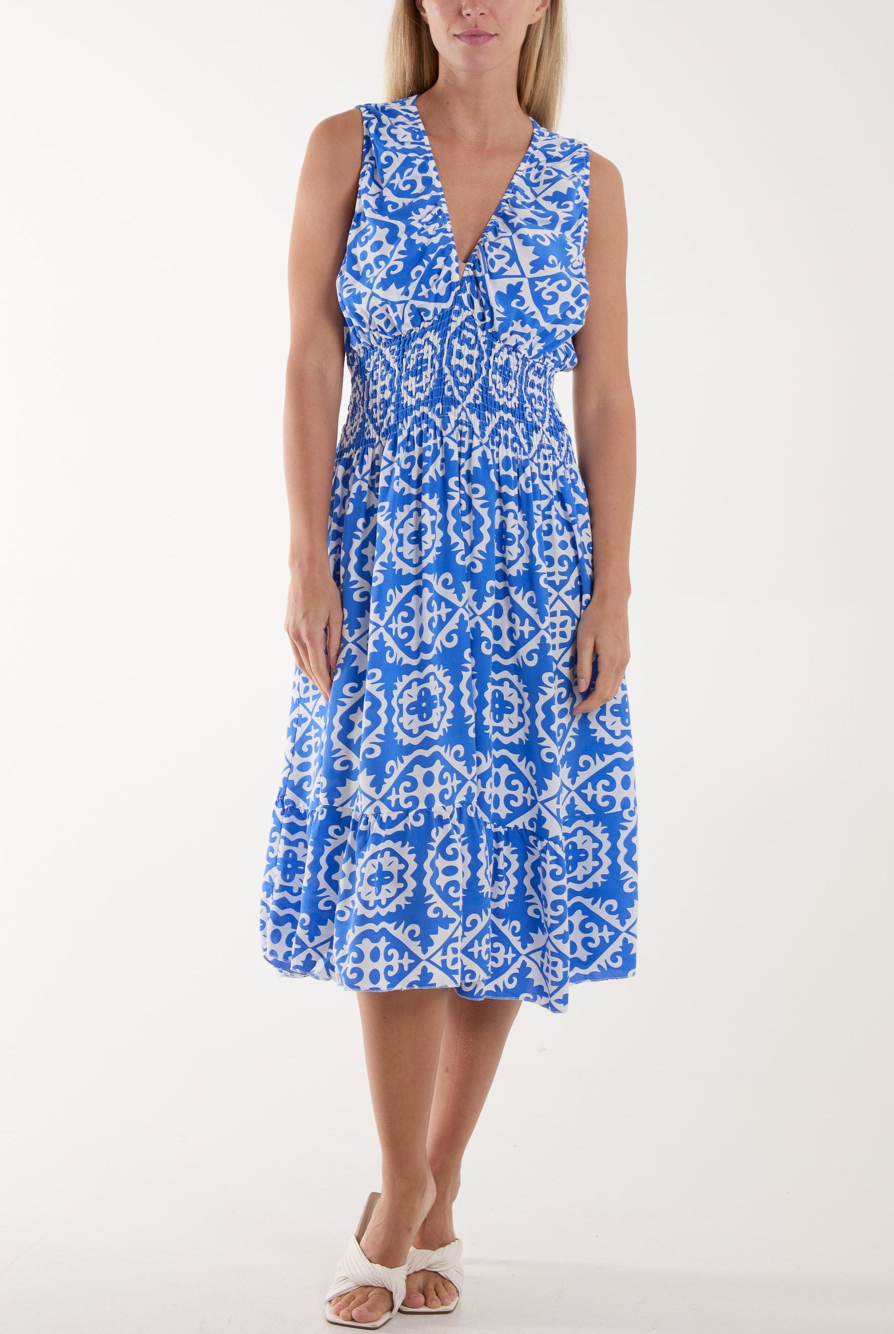 Tile Print Elasticated Neck Midi Dress Dresses WearAll Royal Blue One Size
