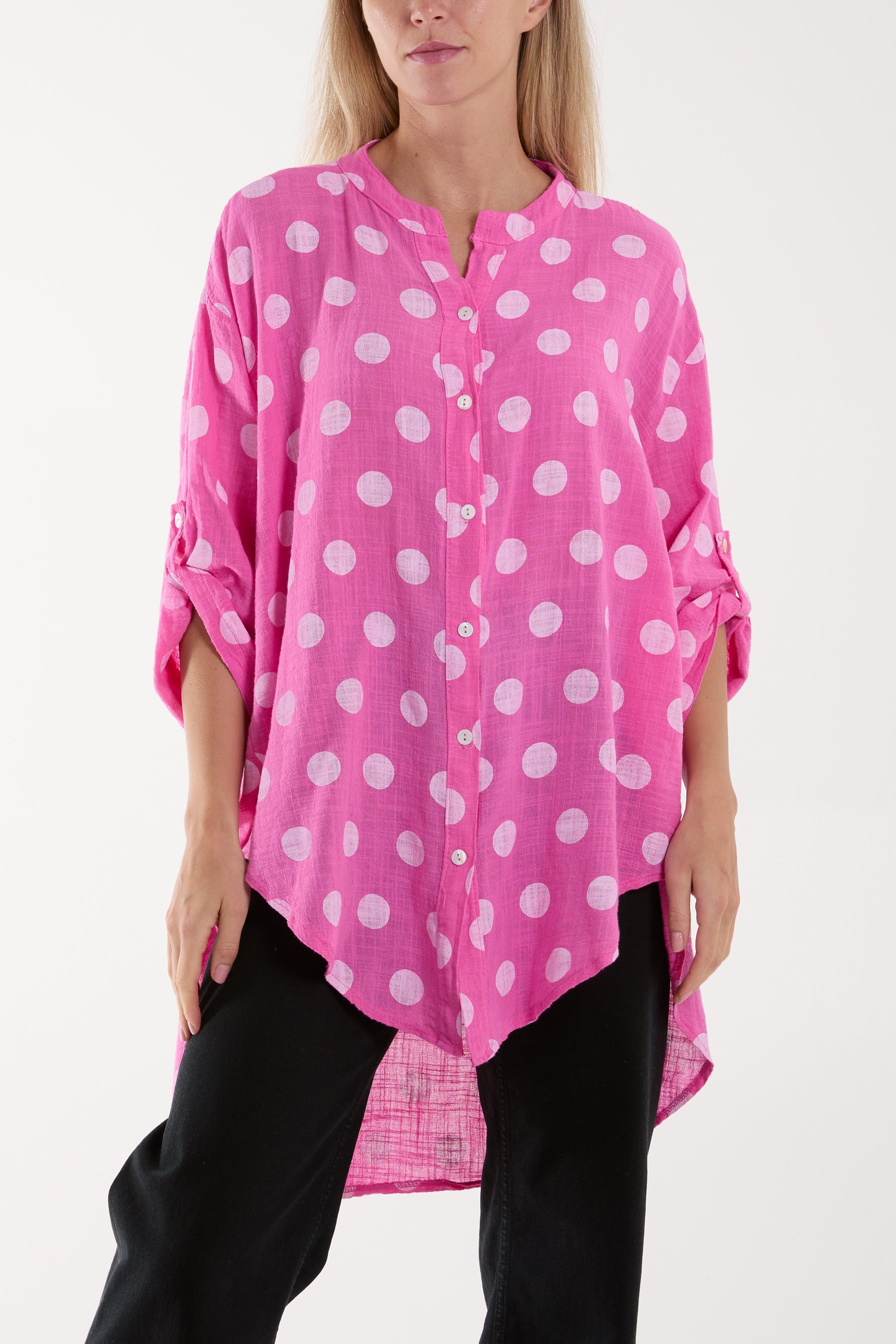 Polka Dot Cotton Shirt Shirts WearAll Hot Pink One Size