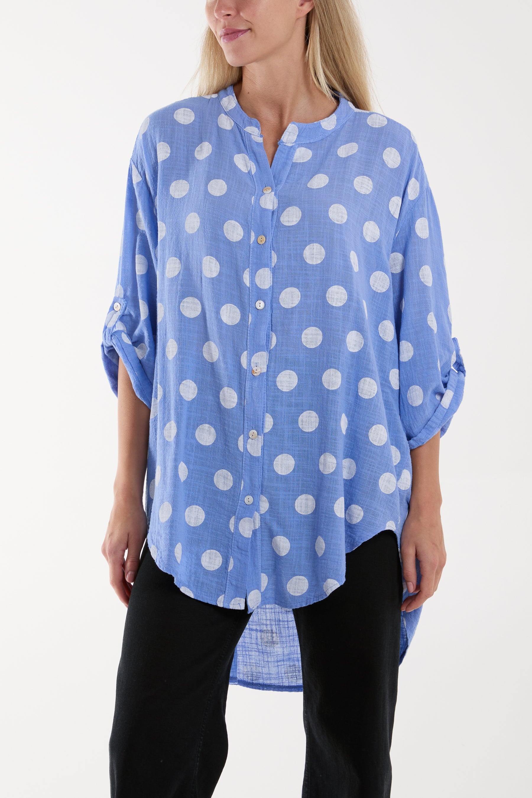 Polka Dot Cotton Shirt Shirts WearAll Light Blue One Size