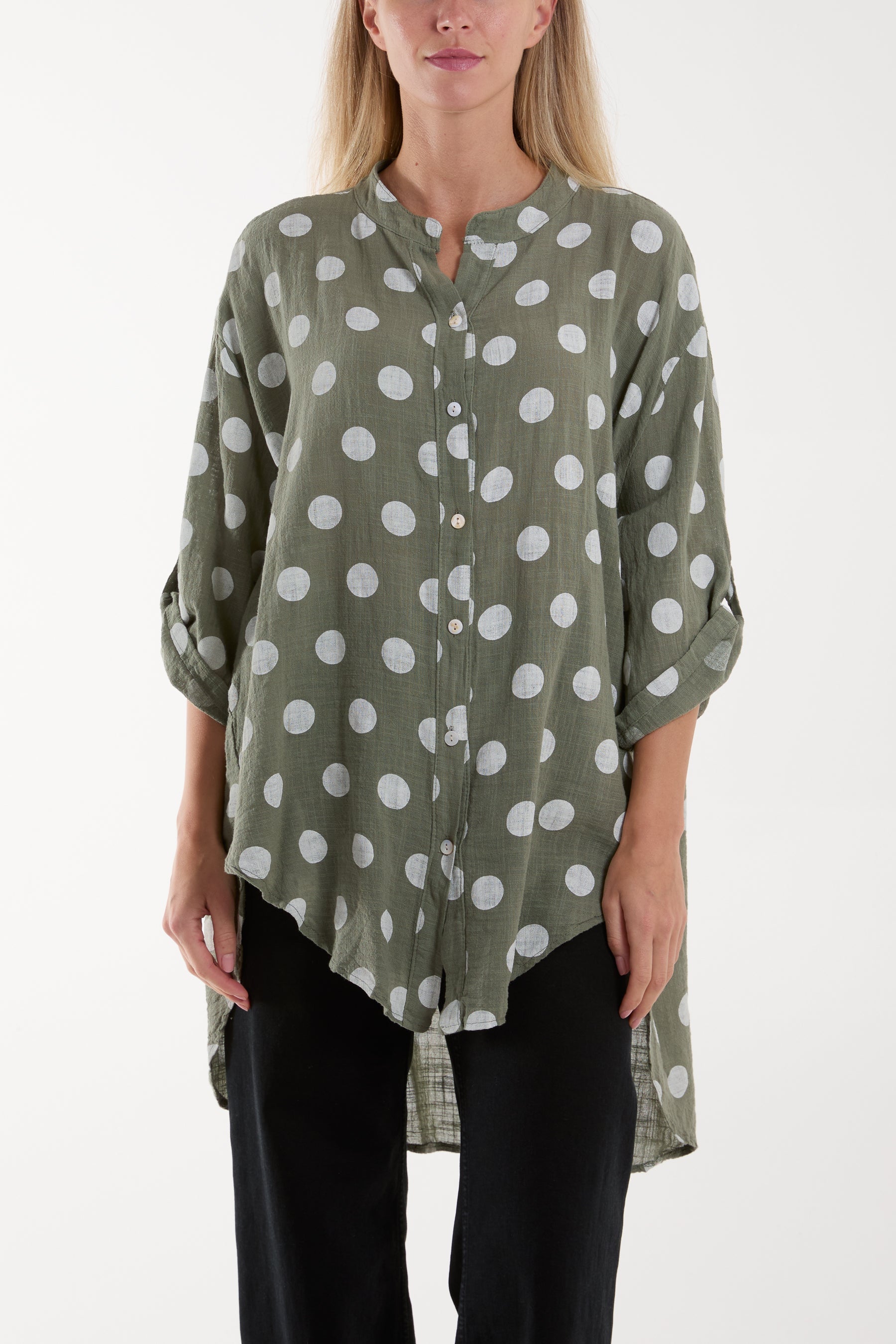 Polka Dot Cotton Shirt Shirts WearAll Khaki One Size
