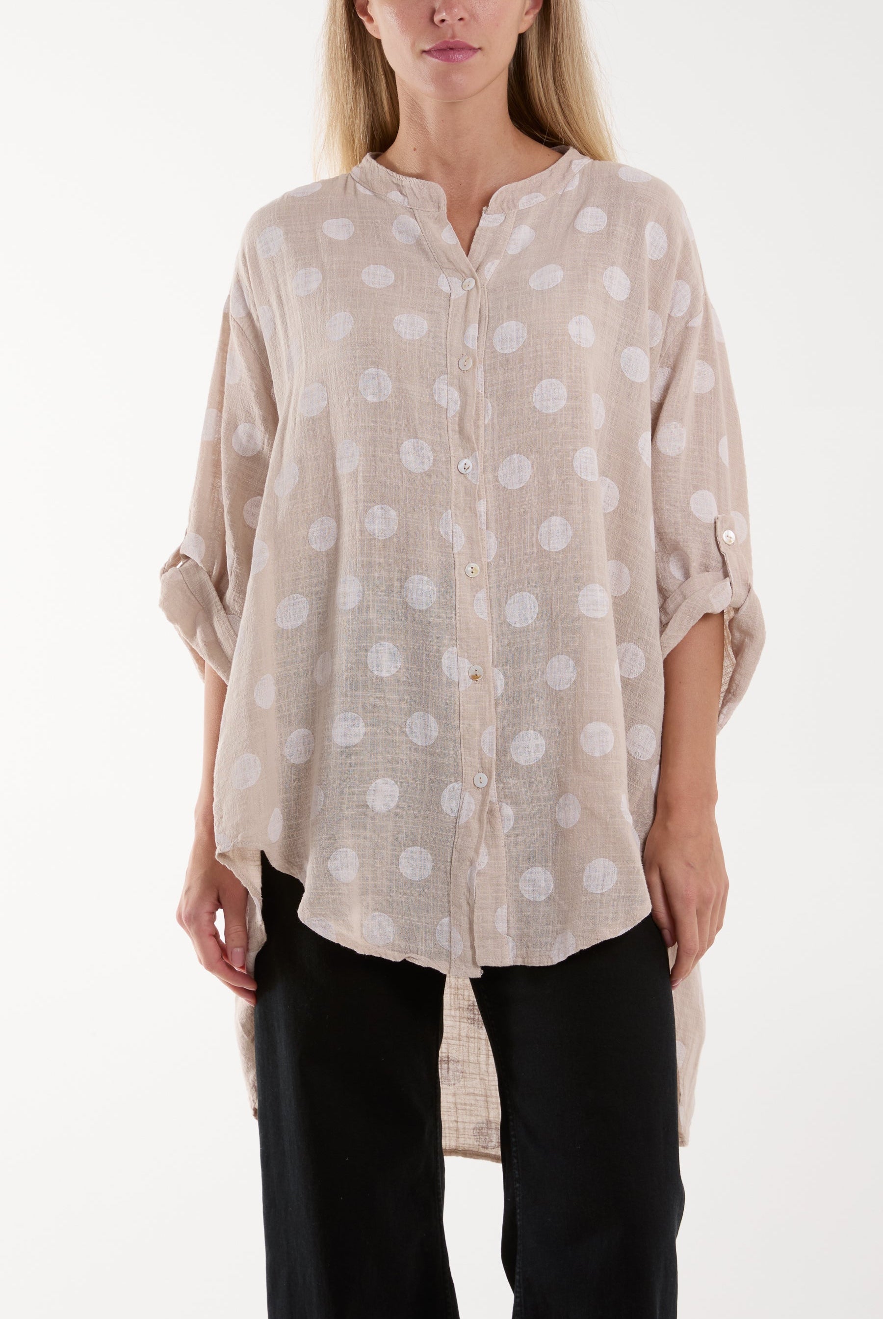Polka Dot Cotton Shirt Shirts WearAll Beige One Size