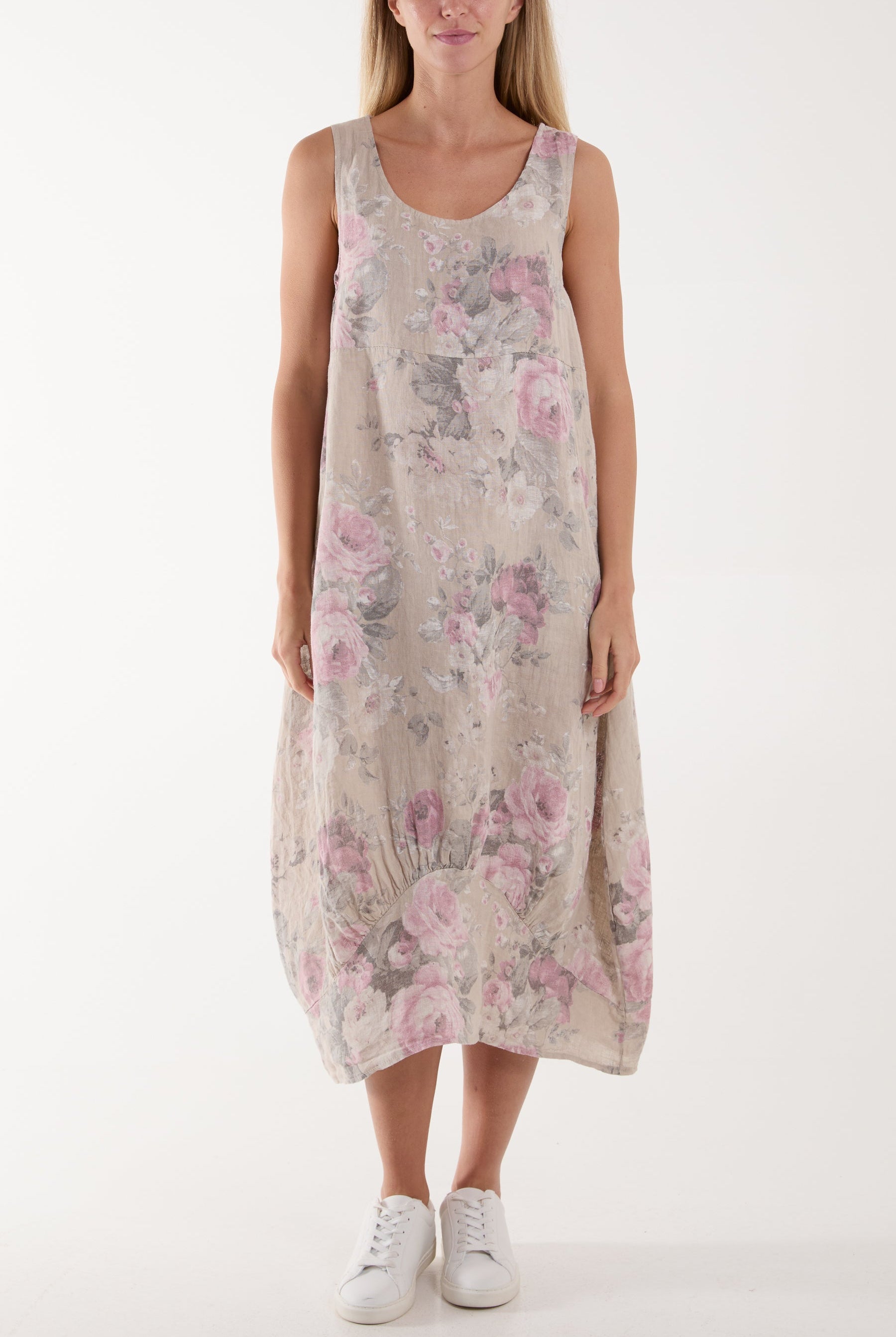 Flower Bouquet Sleeveless Linen Dress Dresses WearAll Stone One Size