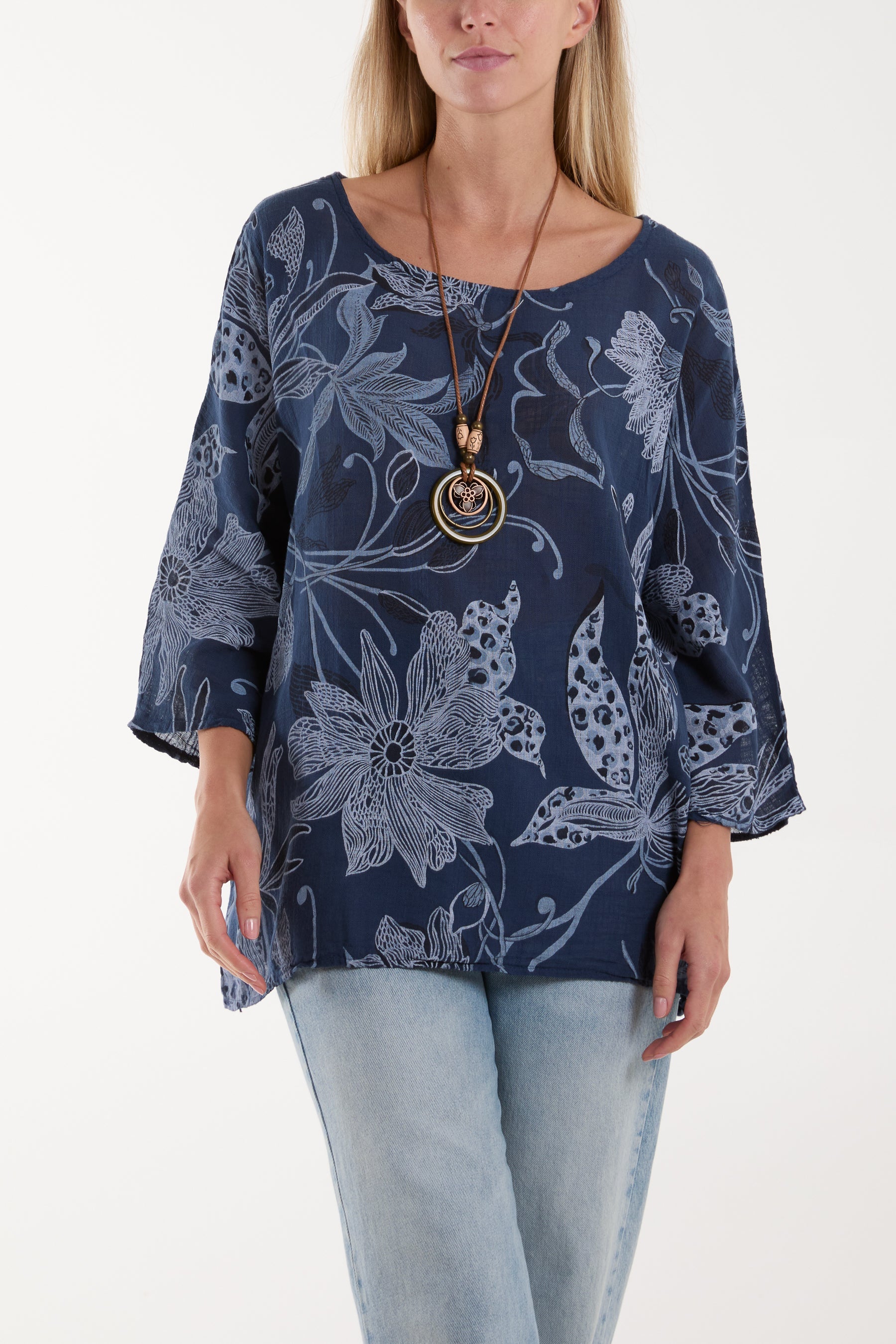 Necklace Botanical Flower Cotton Top Tops WearAll Navy One Size