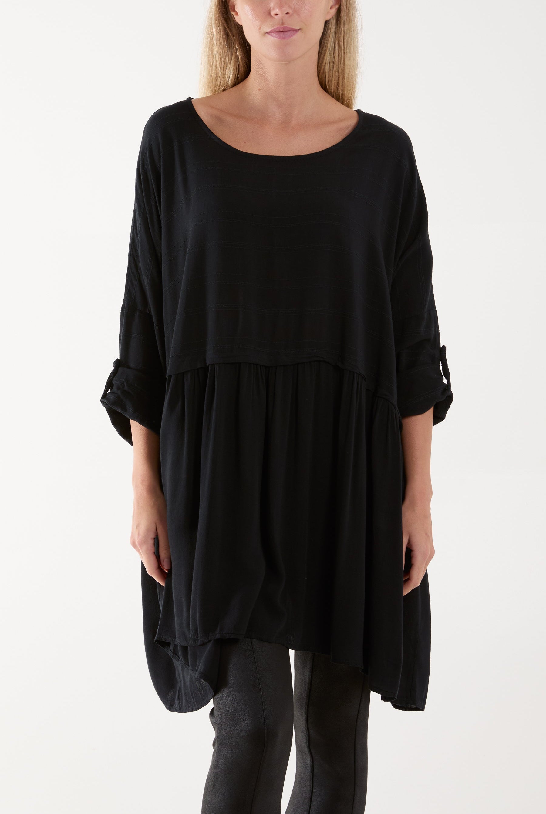 Texture Stripe Asymmetric Hem Top Tops WearAll Black One Size