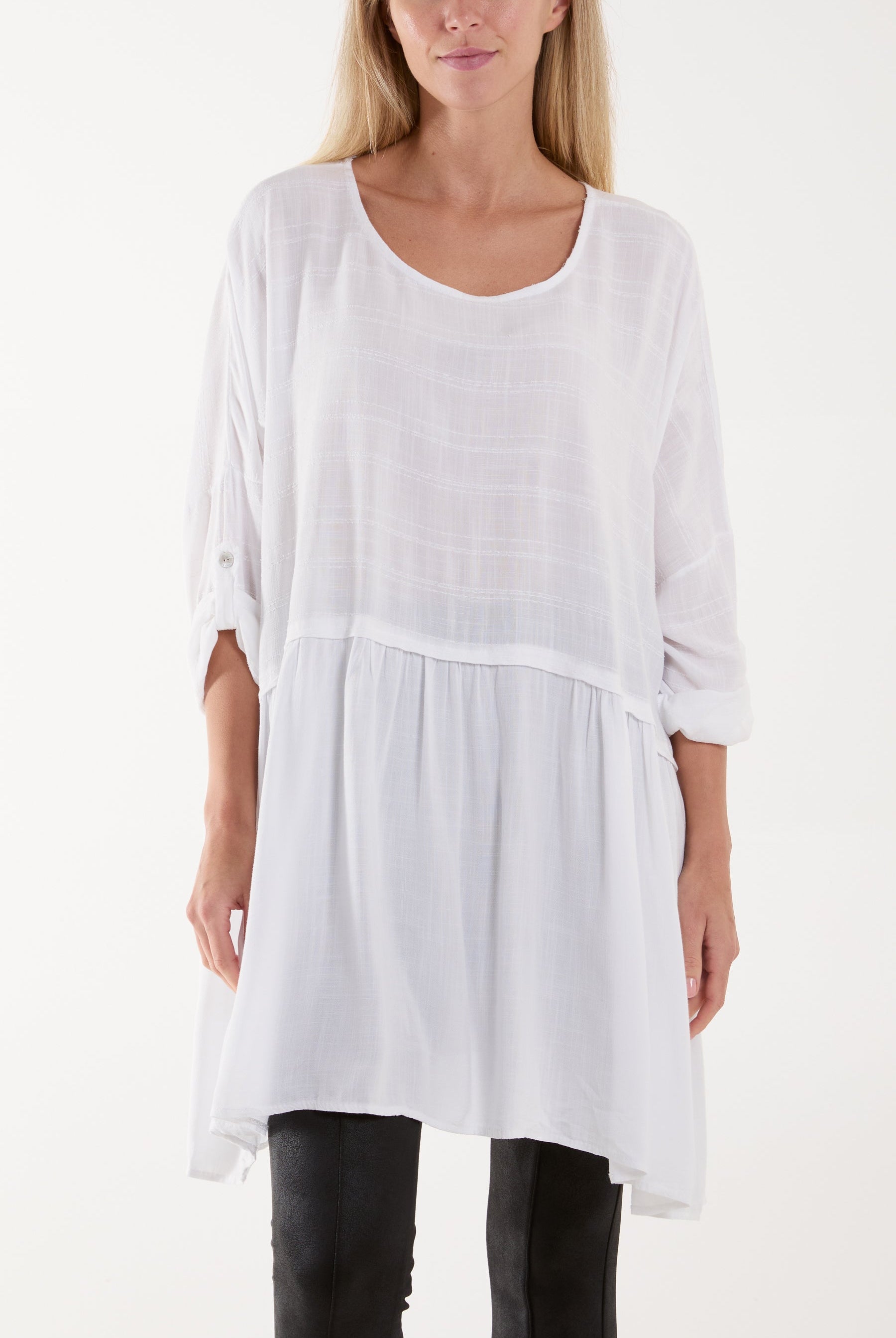 Texture Stripe Asymmetric Hem Top Tops WearAll White One Size