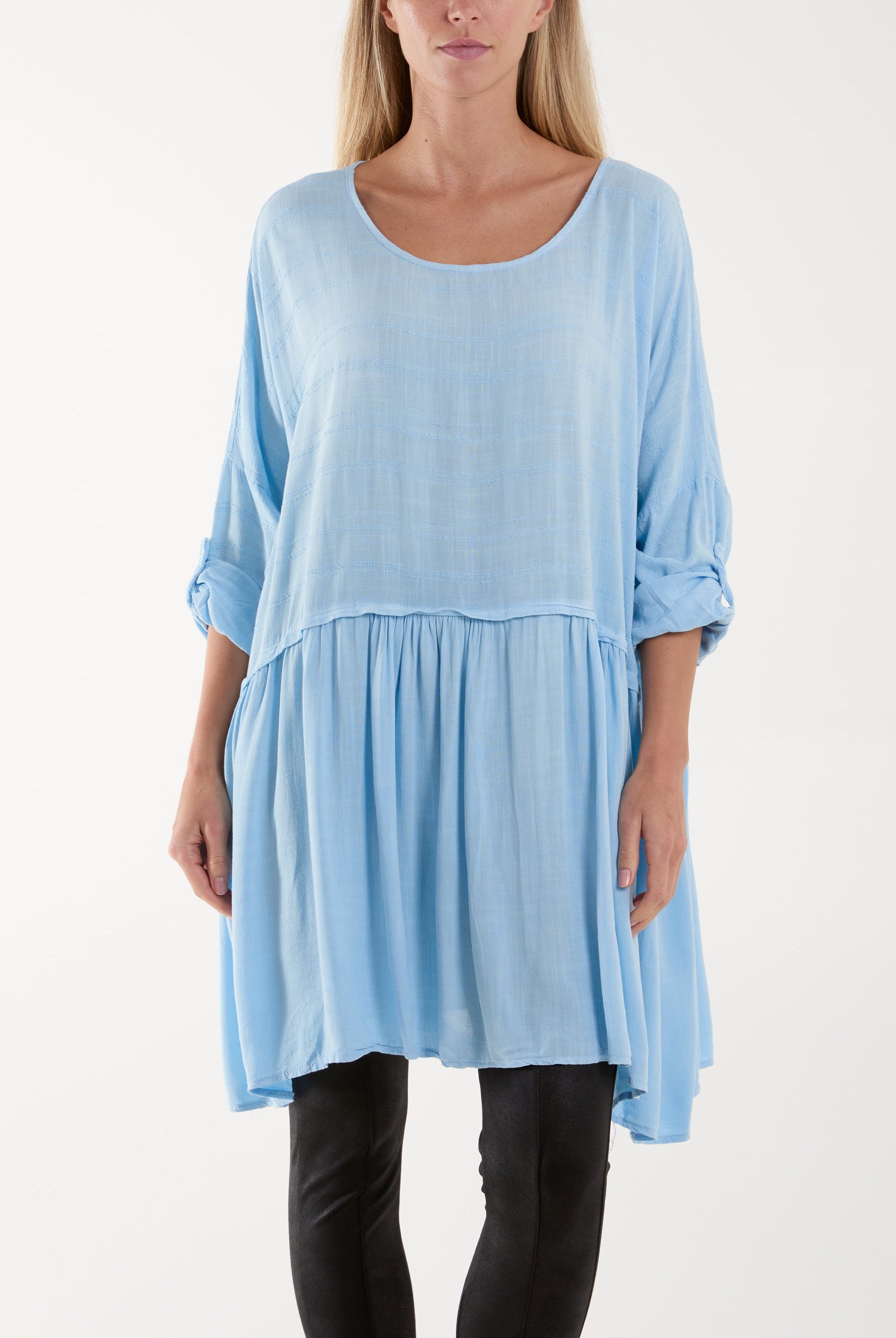 Texture Stripe Asymmetric Hem Top Tops WearAll Light Blue One Size