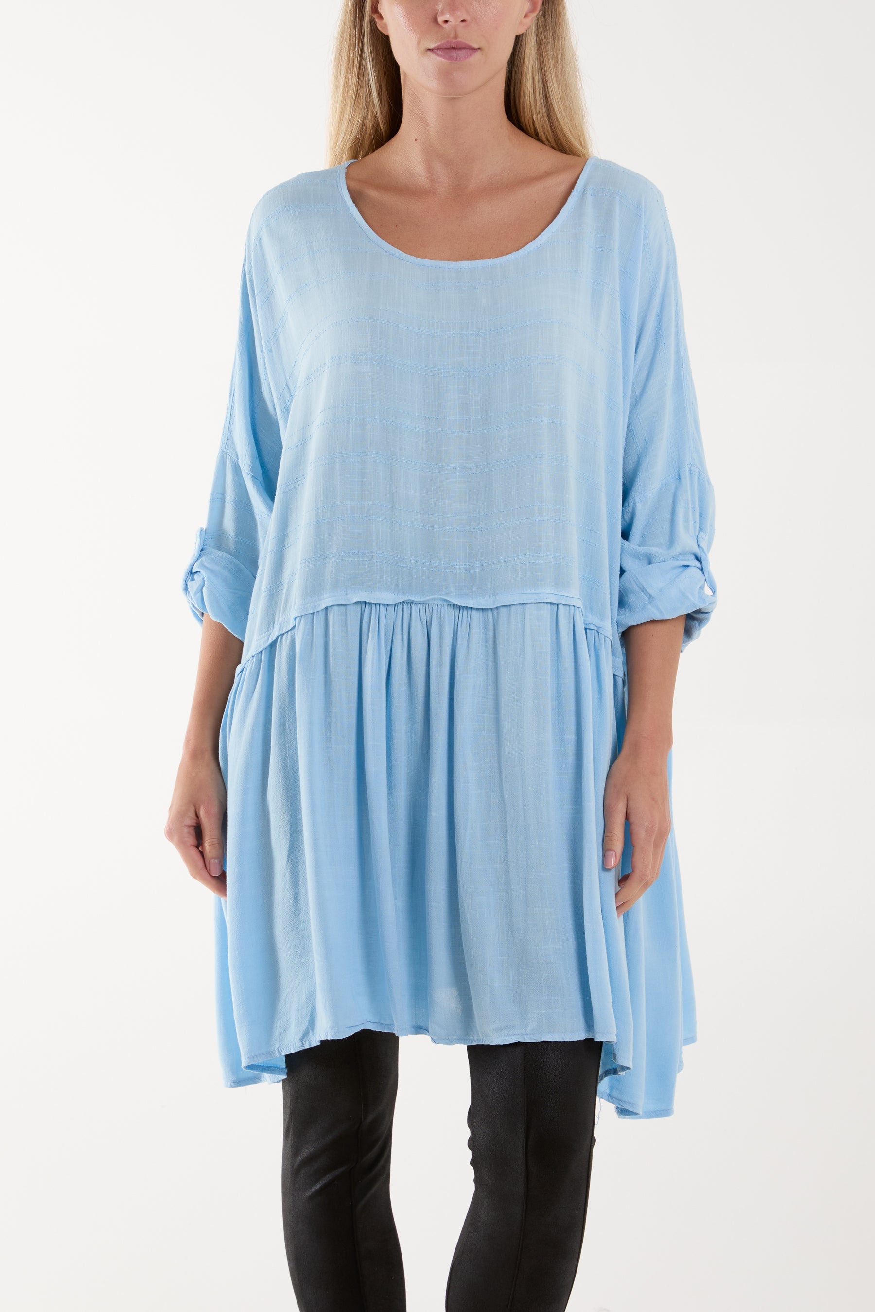 Texture Stripe Asymmetric Hem Top Tops WearAll Light Blue One Size