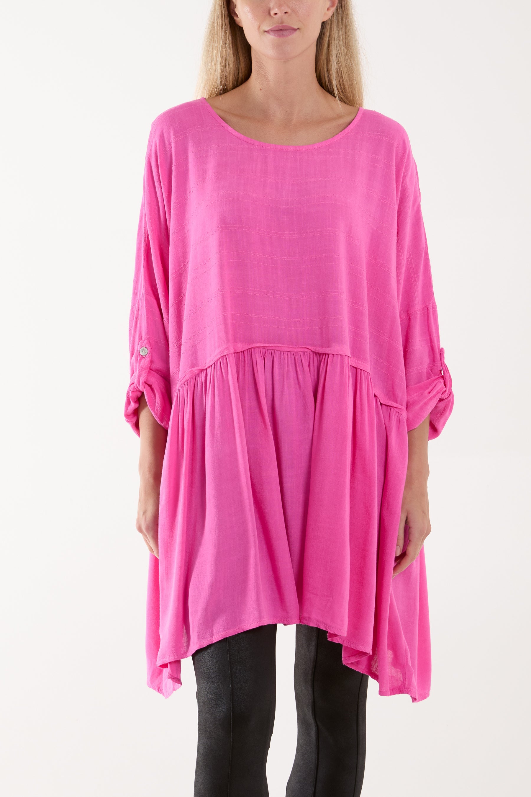 Texture Stripe Asymmetric Hem Top Tops WearAll Hot Pink One Size