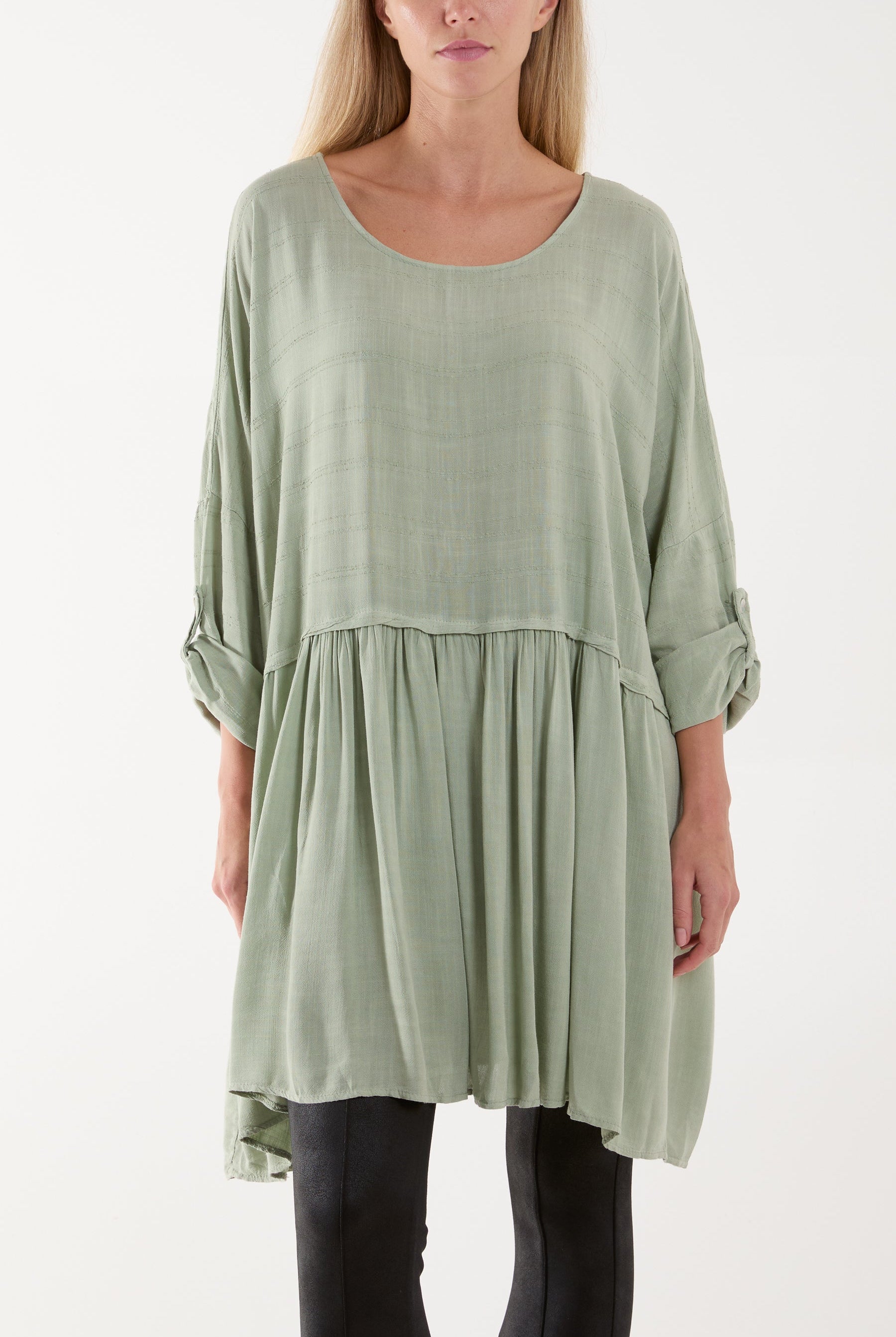 Texture Stripe Asymmetric Hem Top Tops WearAll Khaki One Size