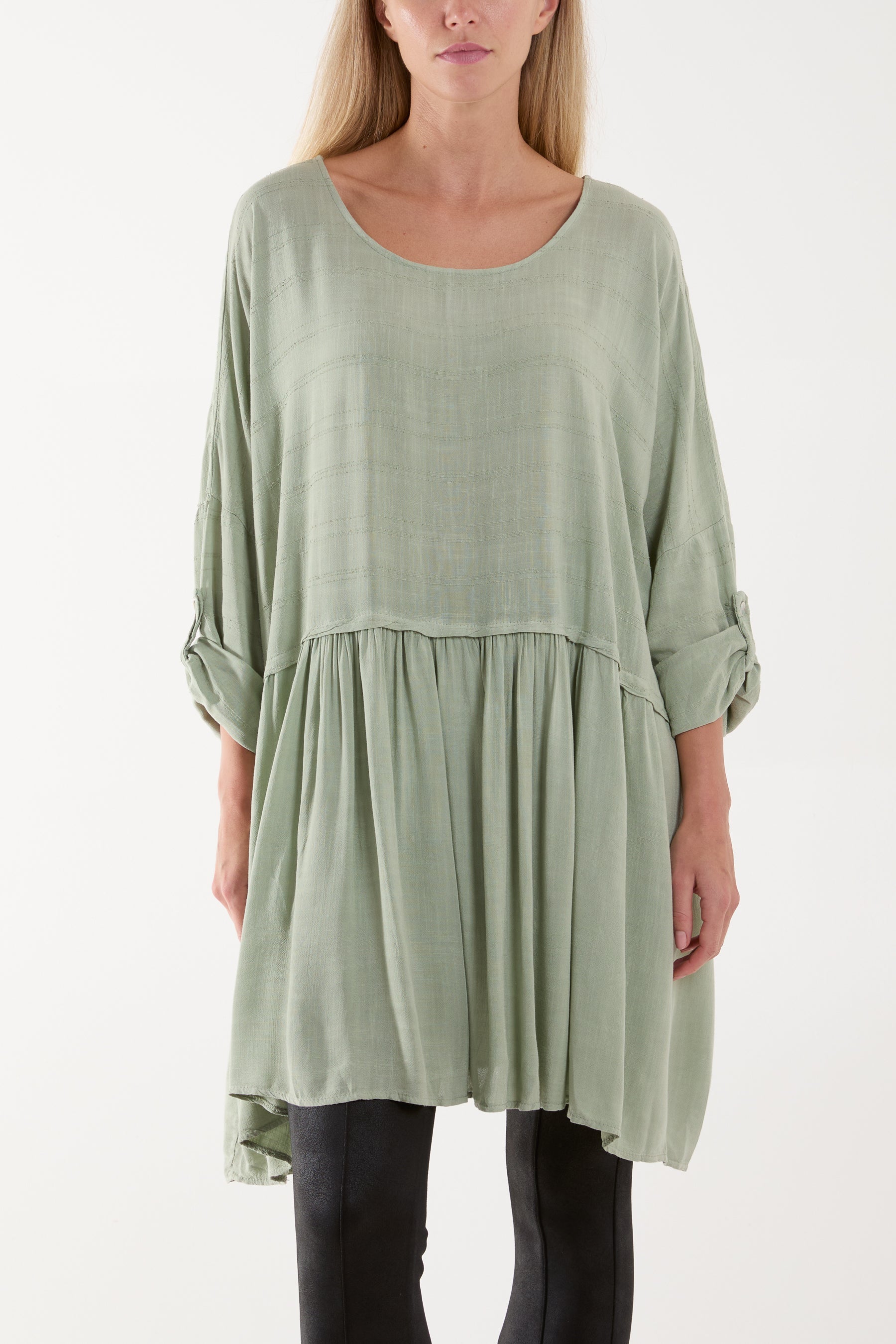 Texture Stripe Asymmetric Hem Top Tops WearAll Khaki One Size