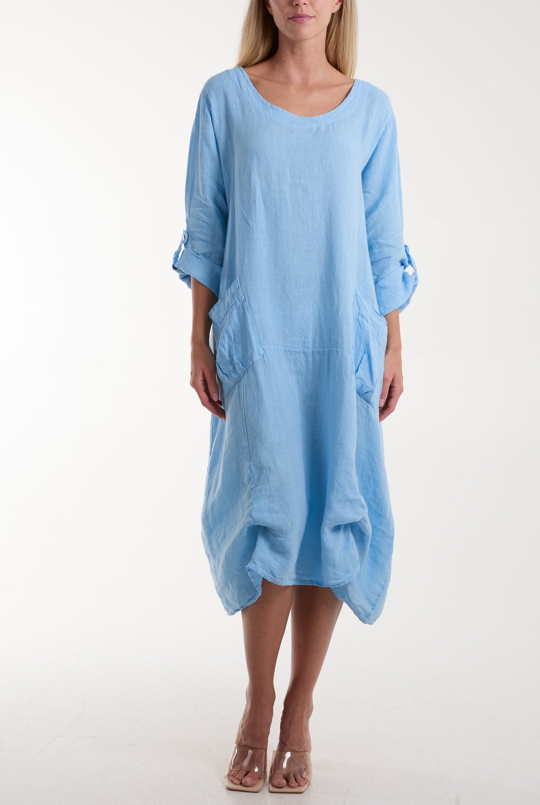 Linen Tied Hem Pockets Dress Dresses WearAll Light Blue One Size