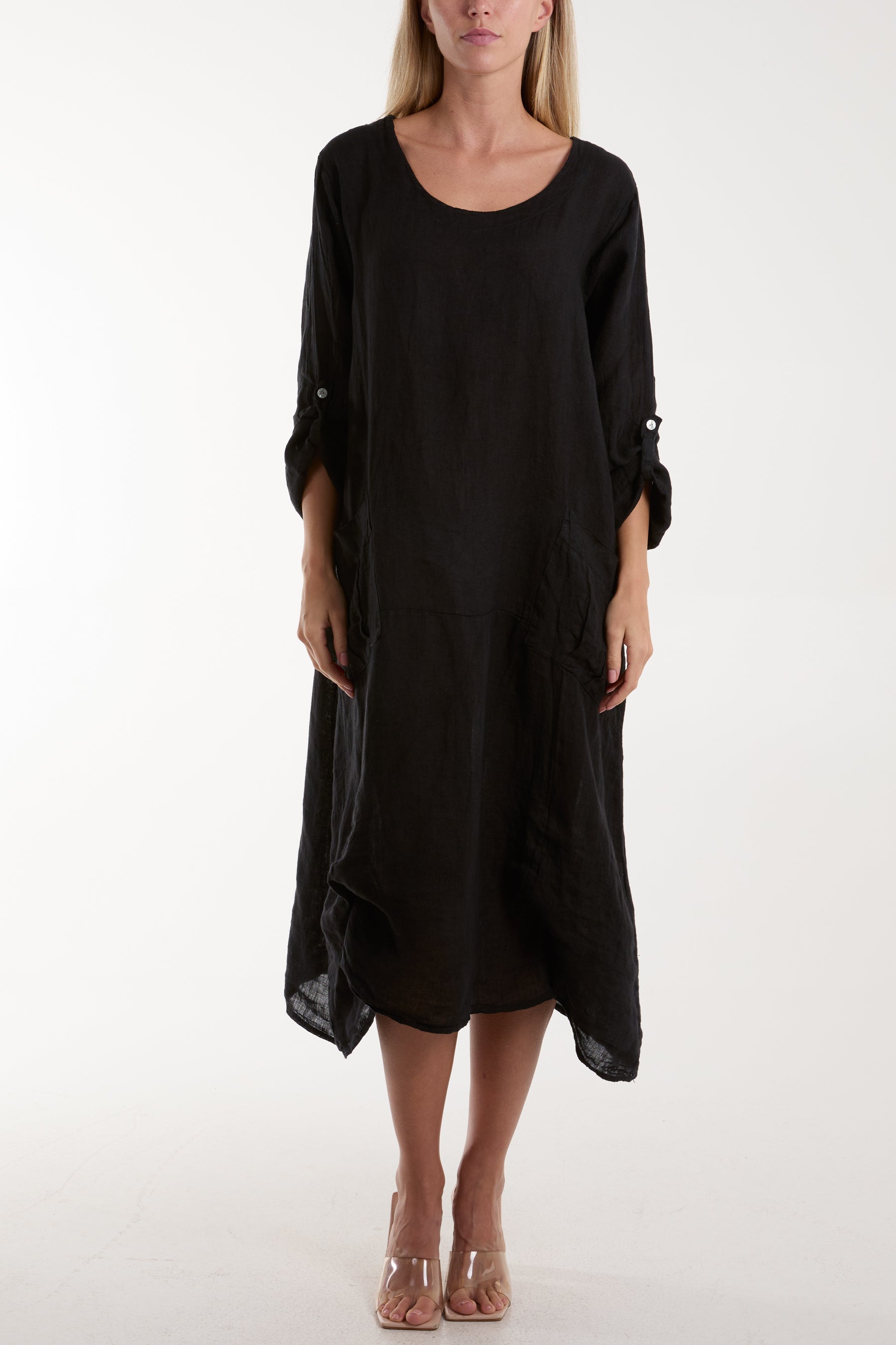 Linen Tied Hem Pockets Dress Dresses WearAll Black One Size