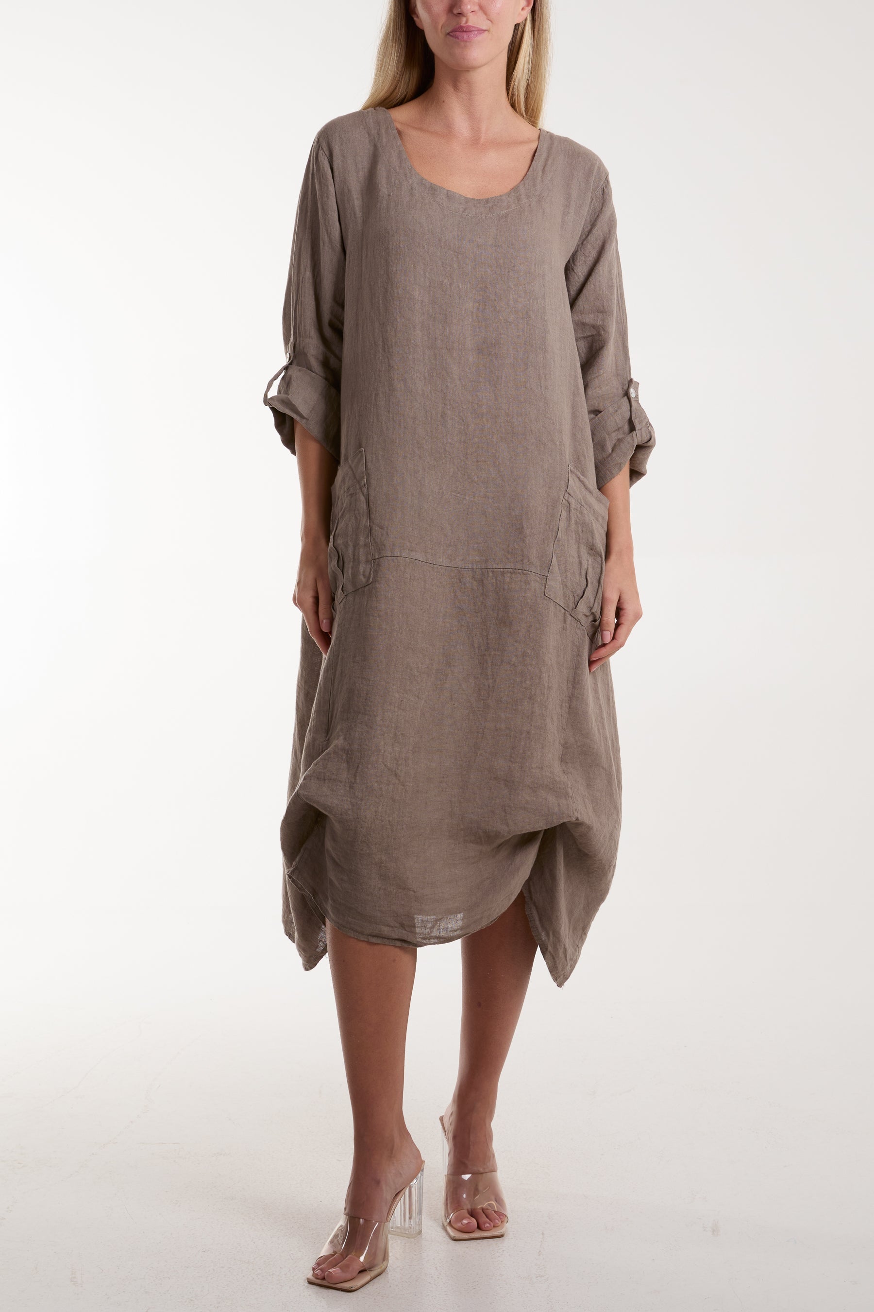 Linen Tied Hem Pockets Dress Dresses WearAll Mocha One Size