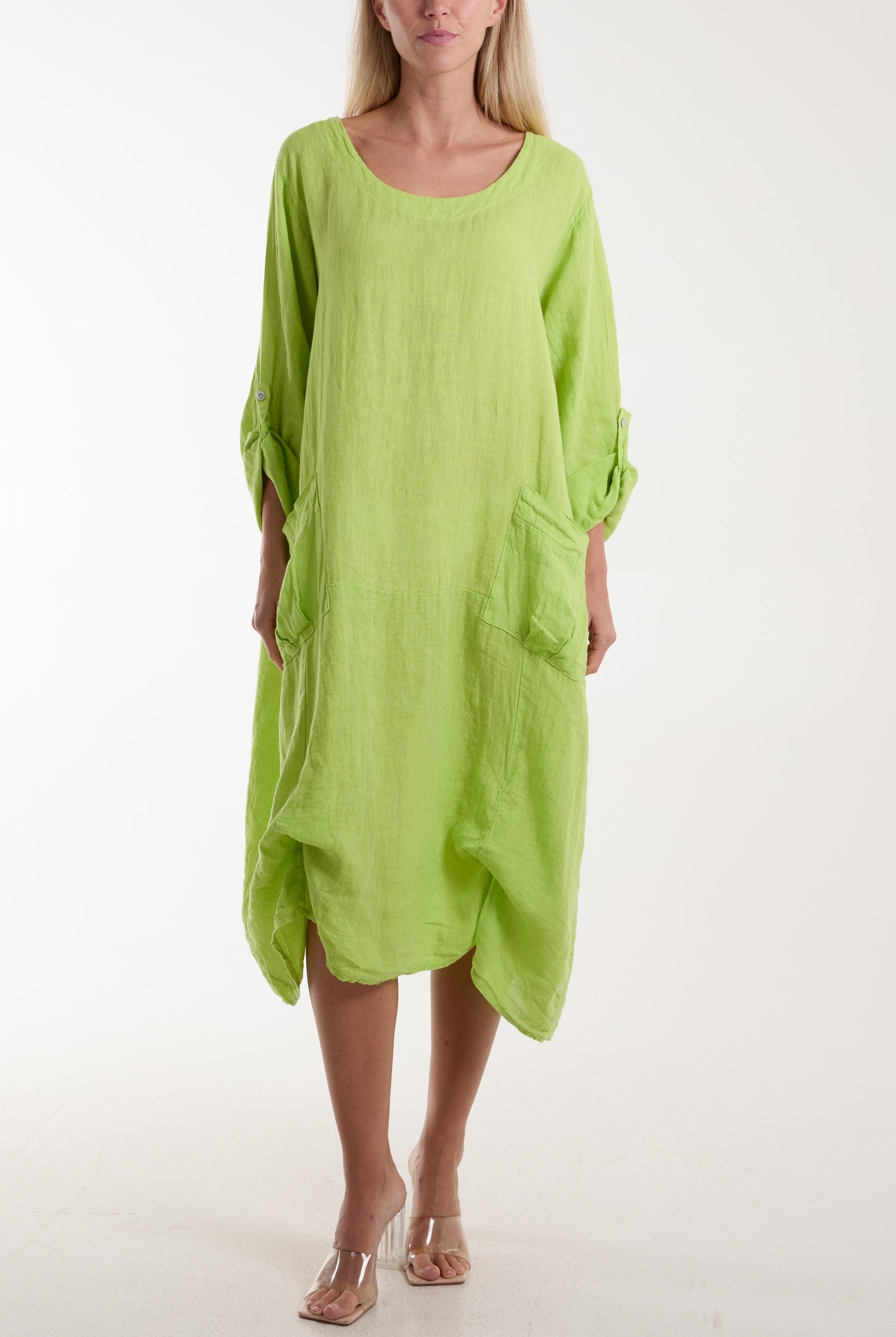 Linen Tied Hem Pockets Dress Dresses WearAll Lime One Size