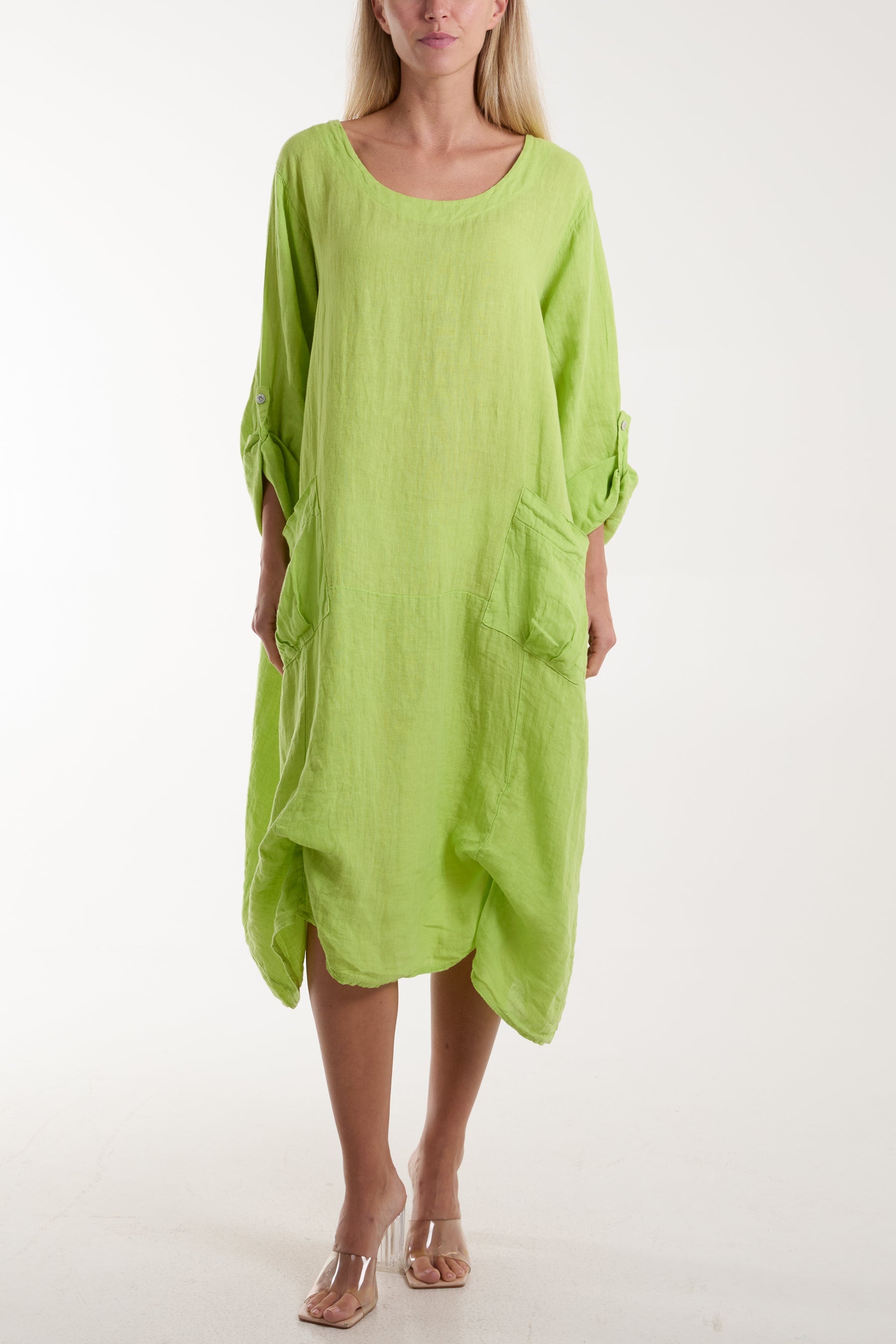 Linen Tied Hem Pockets Dress Dresses WearAll Lime One Size