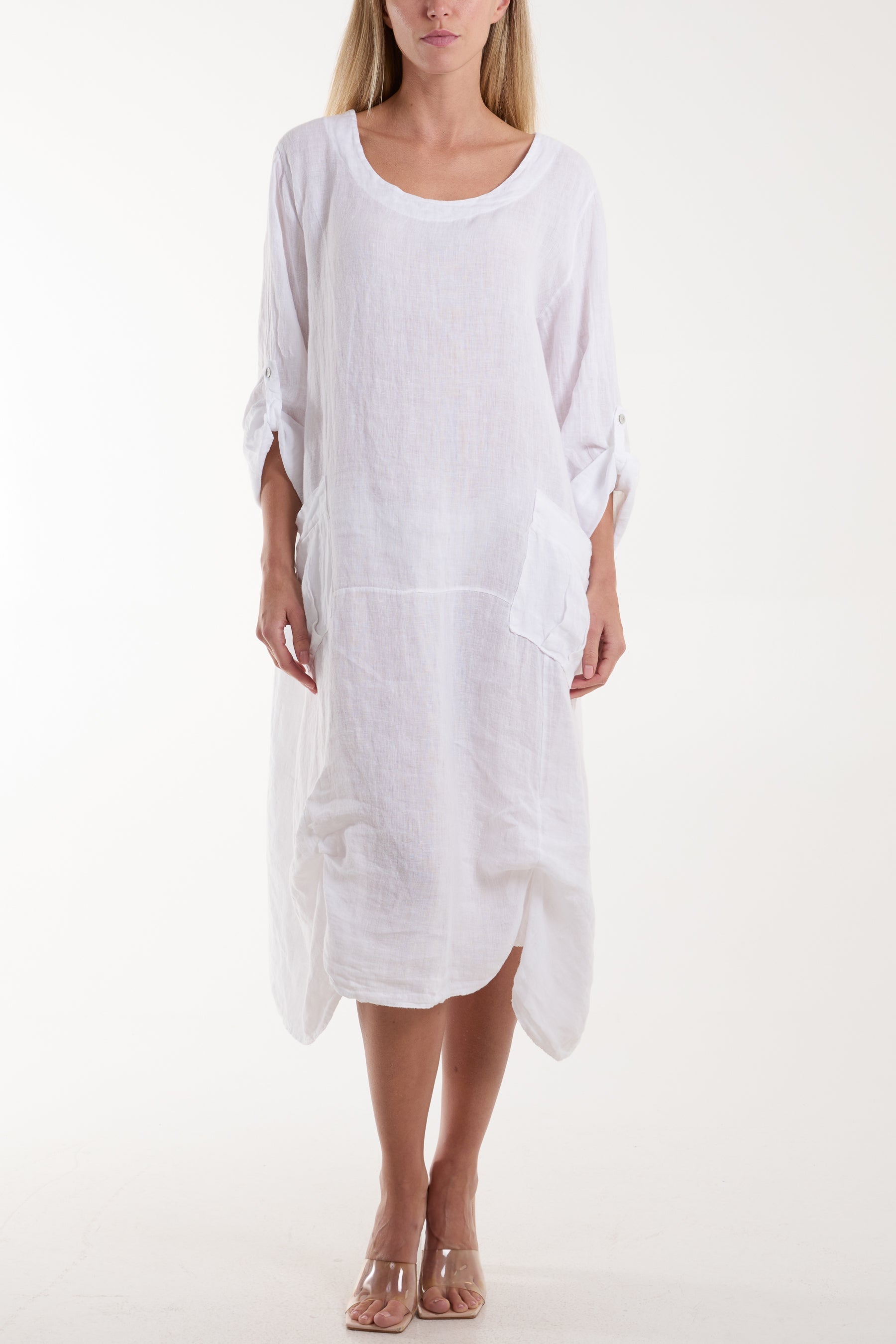Linen Tied Hem Pockets Dress Dresses WearAll White One Size