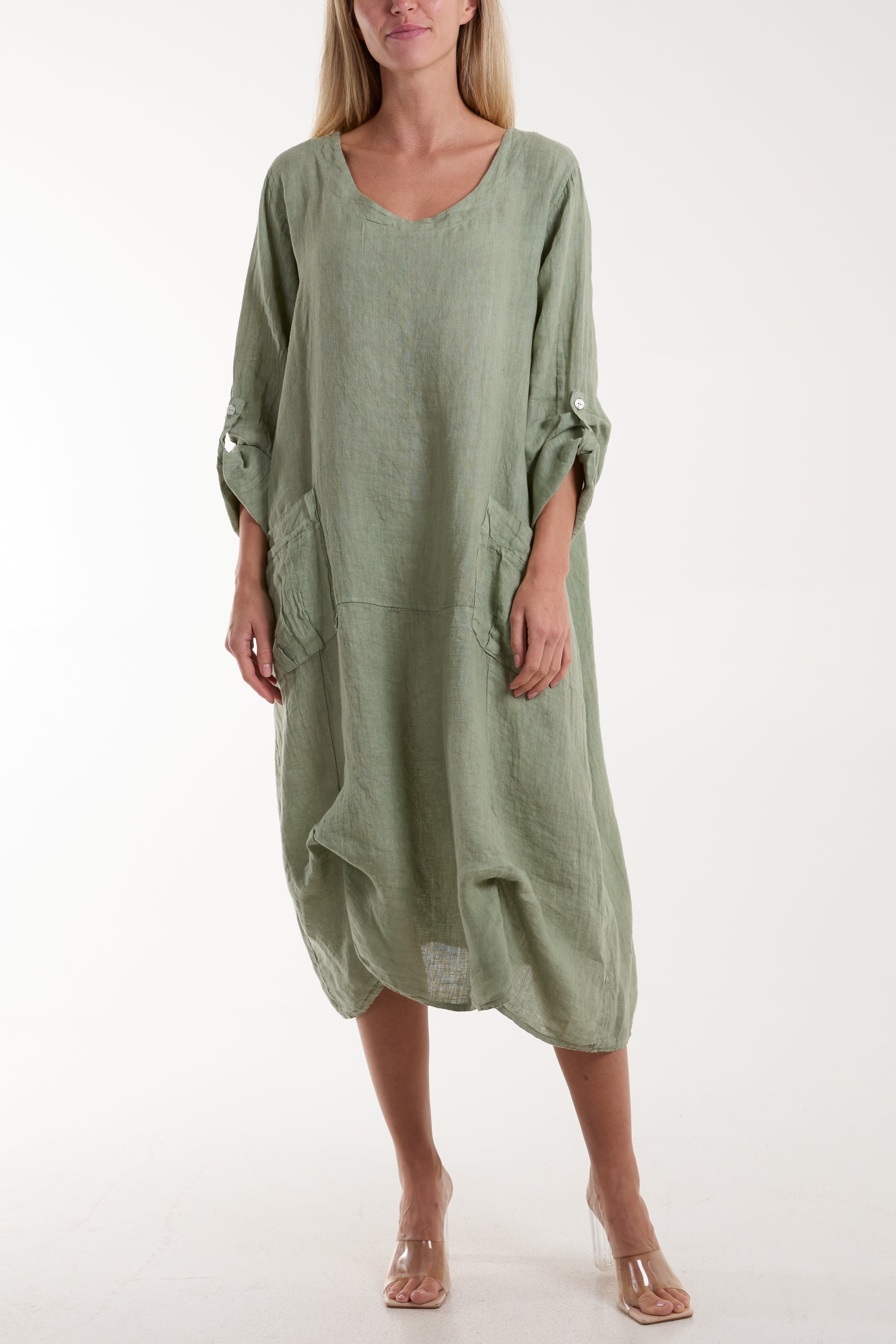 Linen Tied Hem Pockets Dress Dresses WearAll Khaki One Size