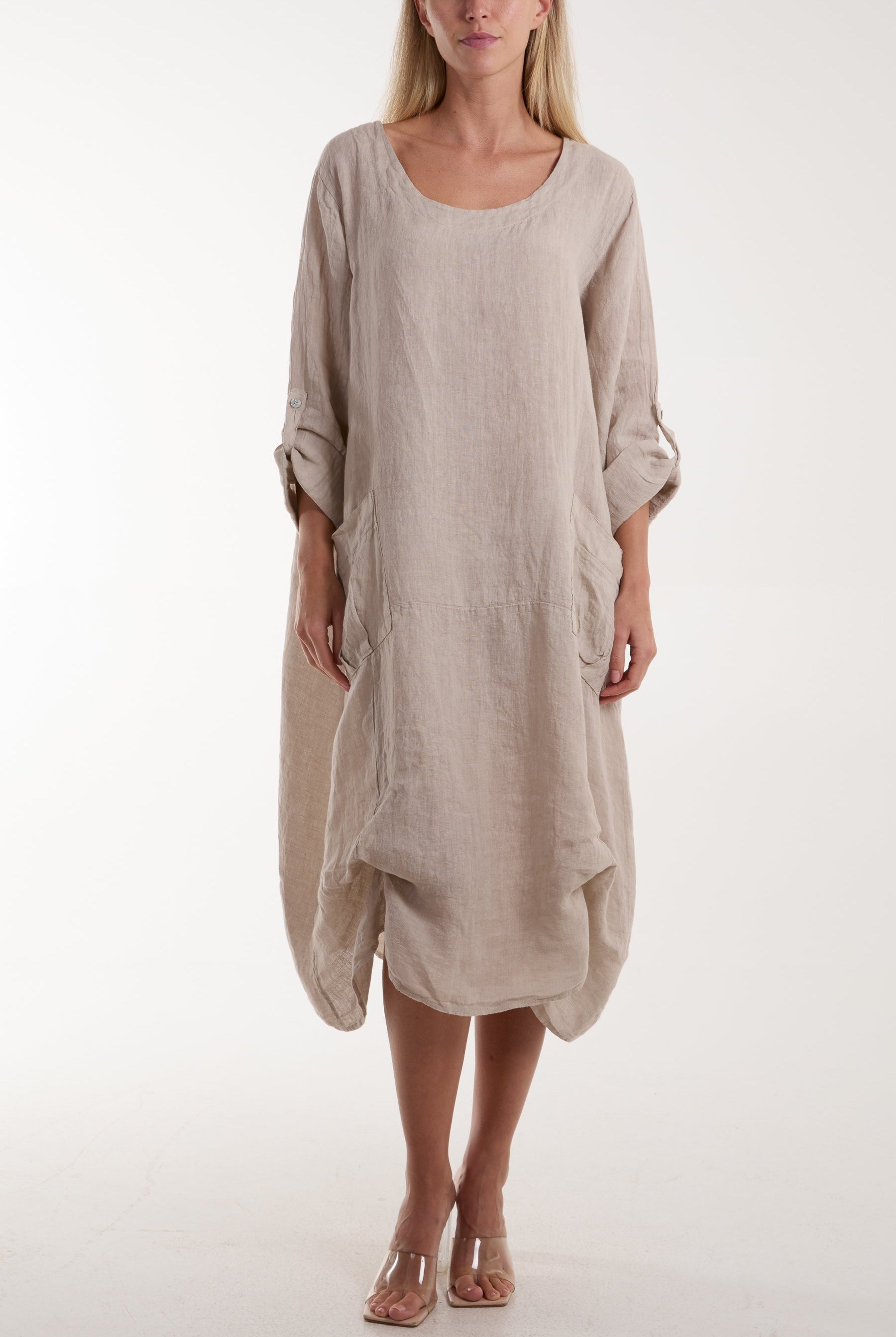 Linen Tied Hem Pockets Dress Dresses WearAll Stone One Size