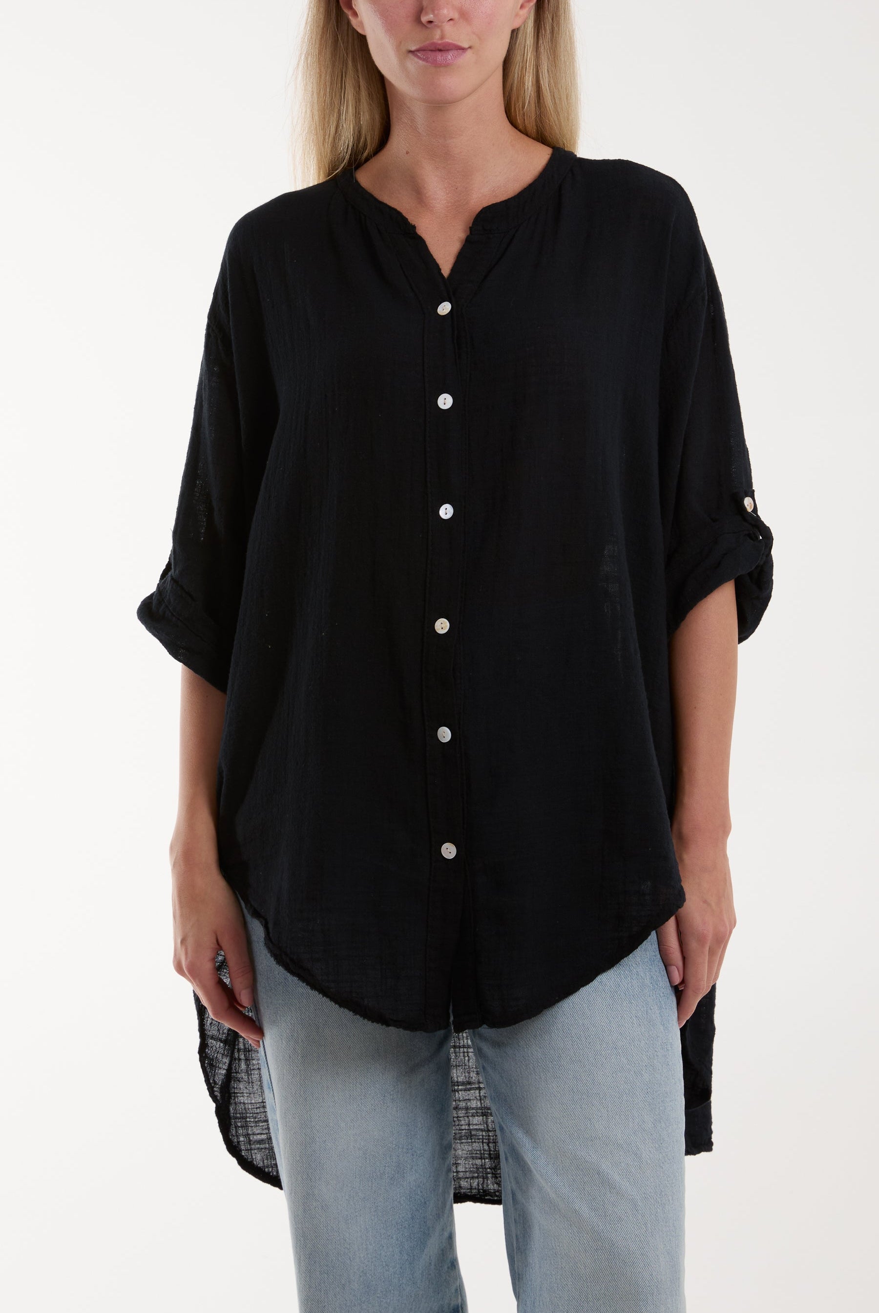 Grandad Collar Cotton Shirt Shirts WearAll Black One Size