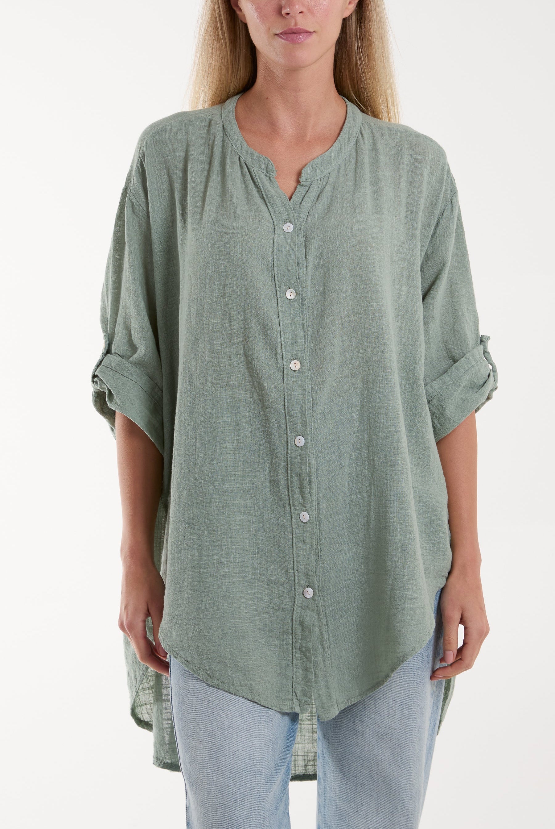 Grandad Collar Cotton Shirt Shirts WearAll Light Khaki One Size