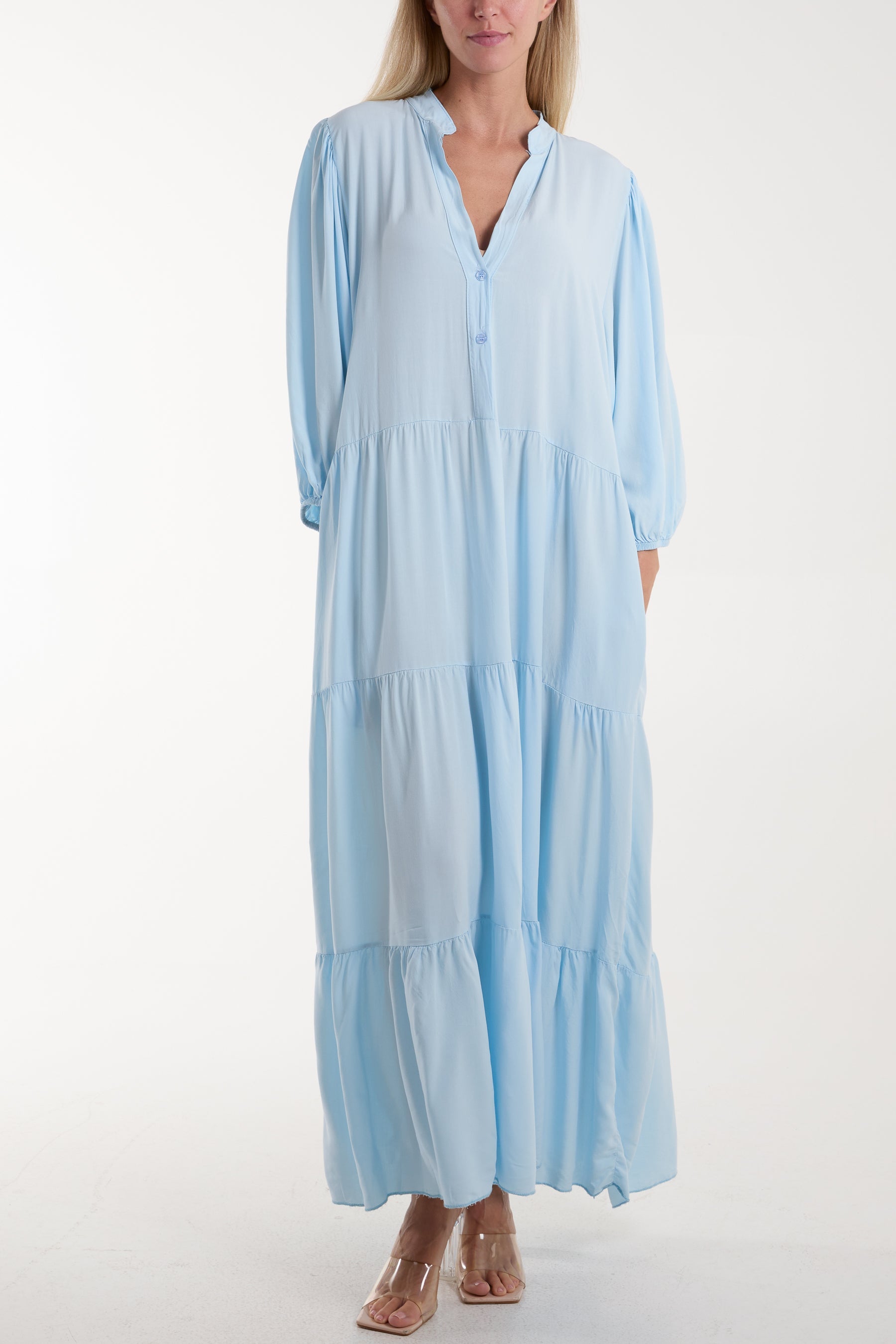 Tiered Maxi Shirt Dress Dresses WearAll Light Blue One Size
