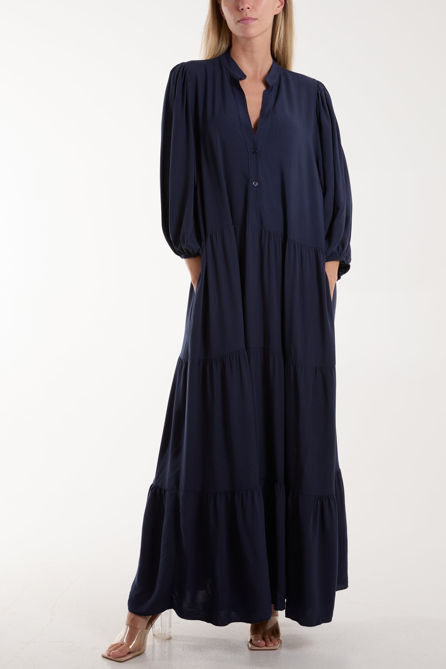 Tiered Maxi Shirt Dress Dresses WearAll Navy One Size