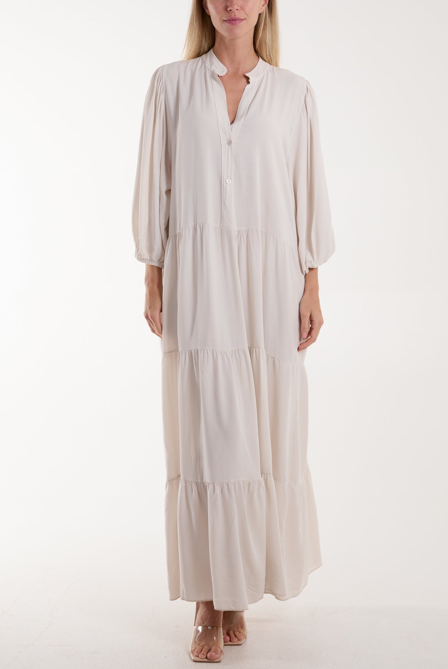 Tiered Maxi Shirt Dress Dresses WearAll Beige One Size