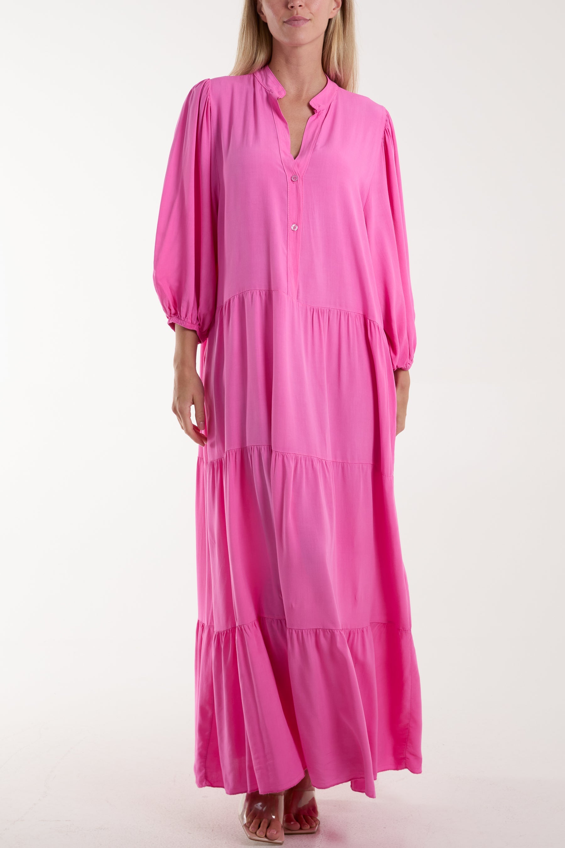 Tiered Maxi Shirt Dress Dresses WearAll Hot Pink One Size