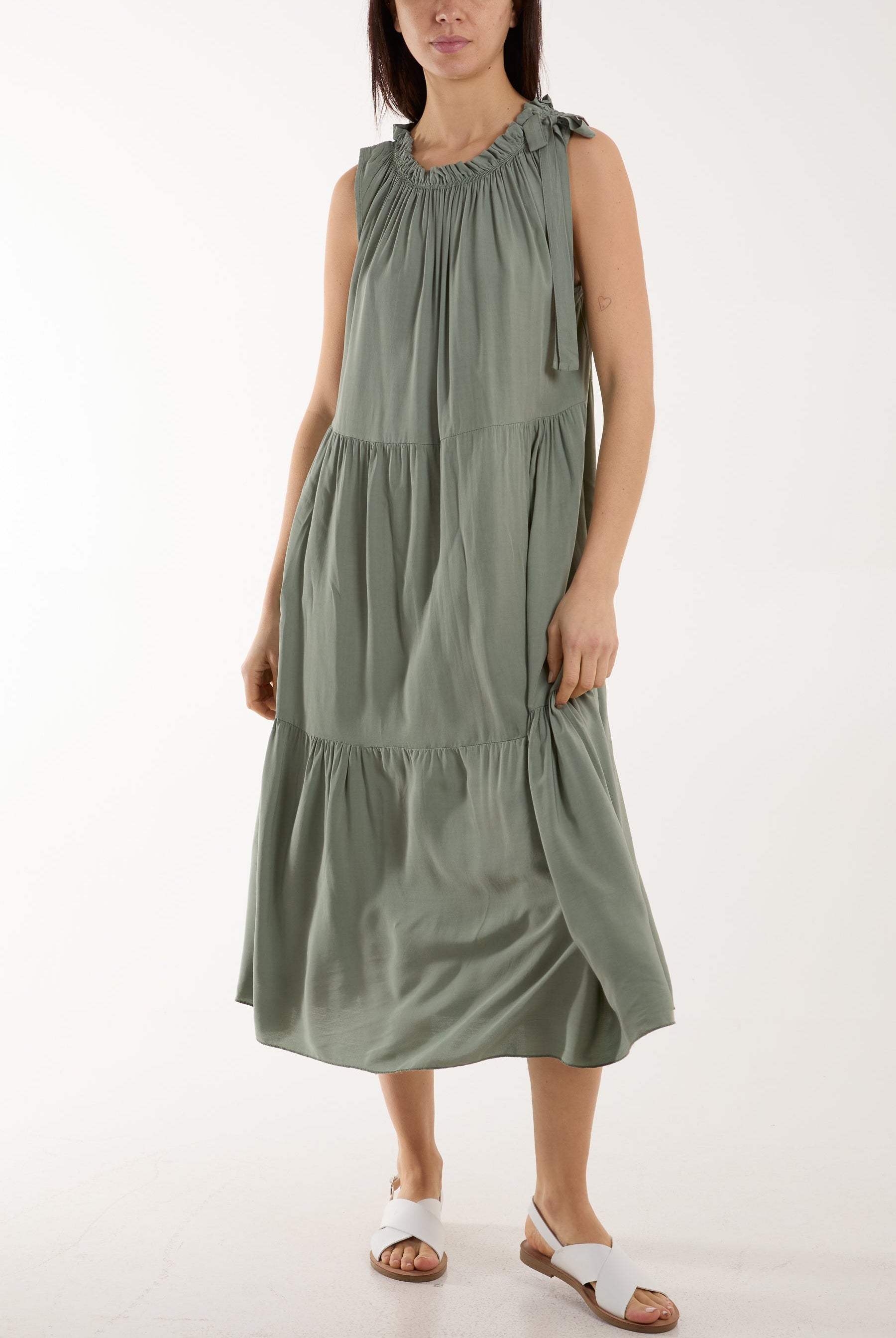 Bow Neck Halter Tiered Midi Dress Dresses WearAll Khaki One Size