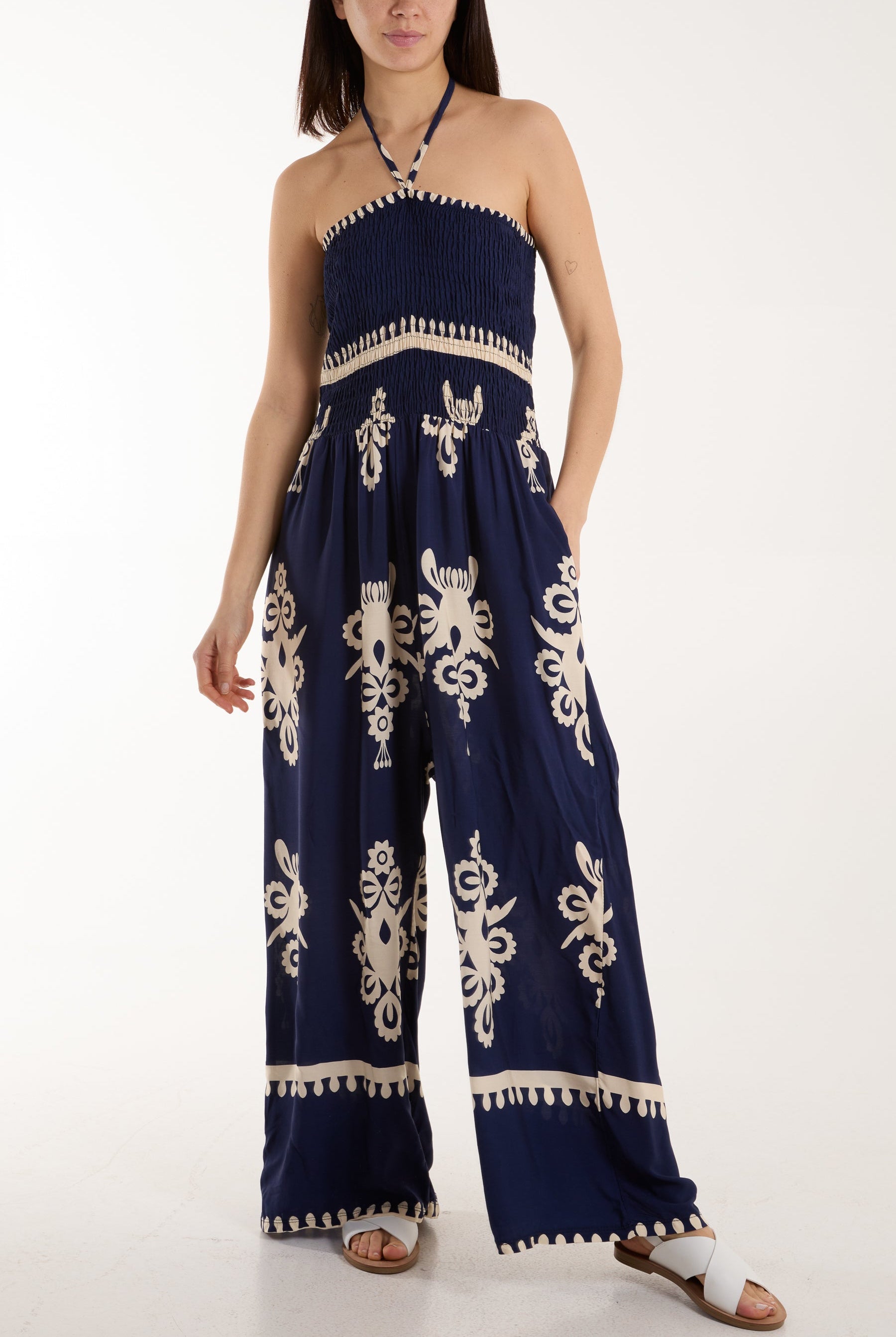 Shirred Bodice Bandeau Printed Jumpsuit Jumpsuits WearAll Navy One Size