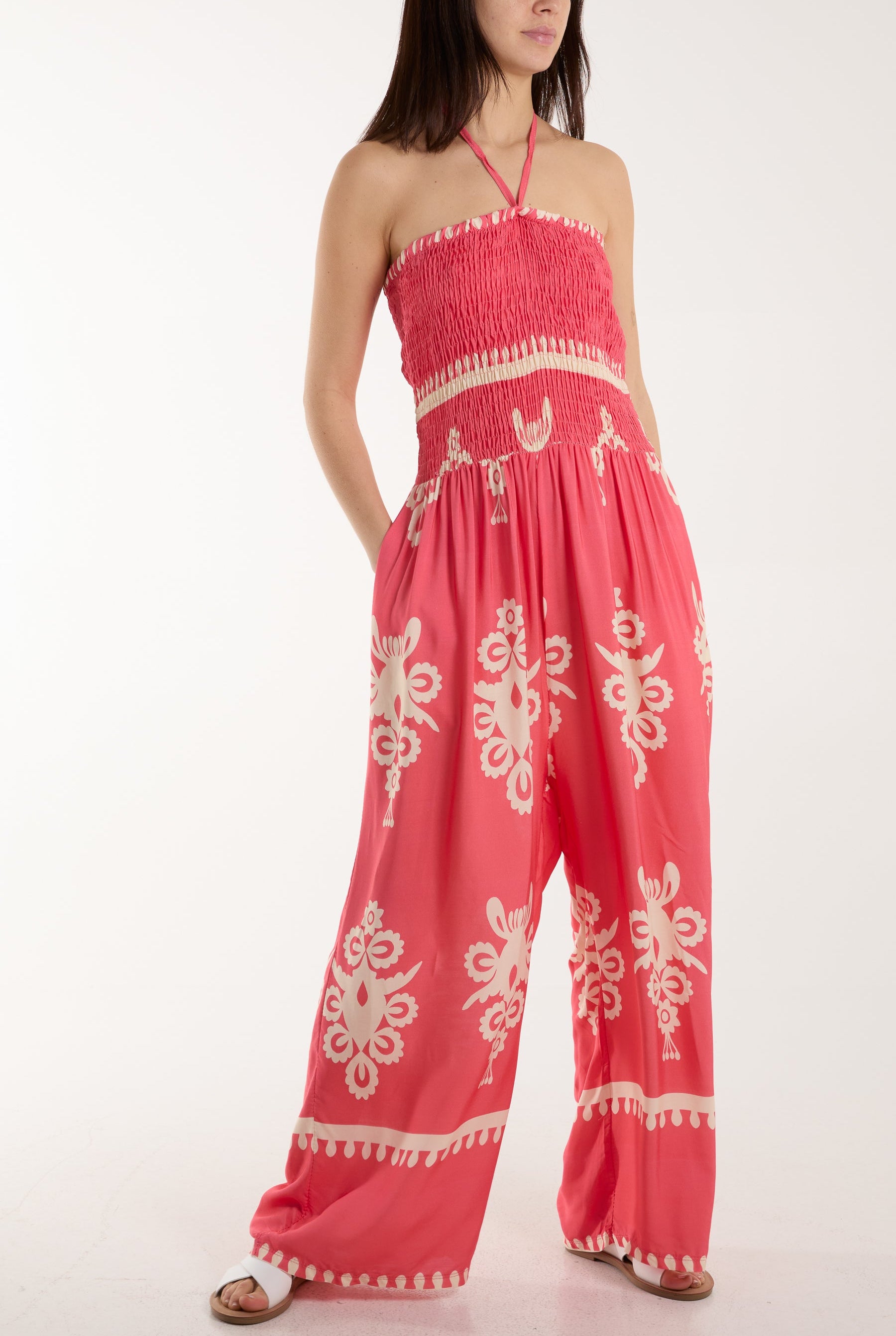 Shirred Bodice Bandeau Printed Jumpsuit Jumpsuits WearAll Coral One Size