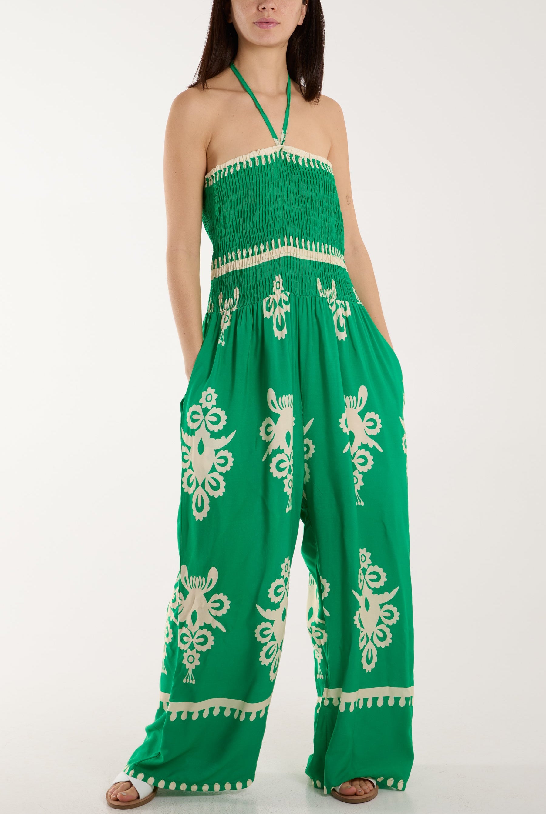 Shirred Bodice Bandeau Printed Jumpsuit Jumpsuits WearAll Jade One Size
