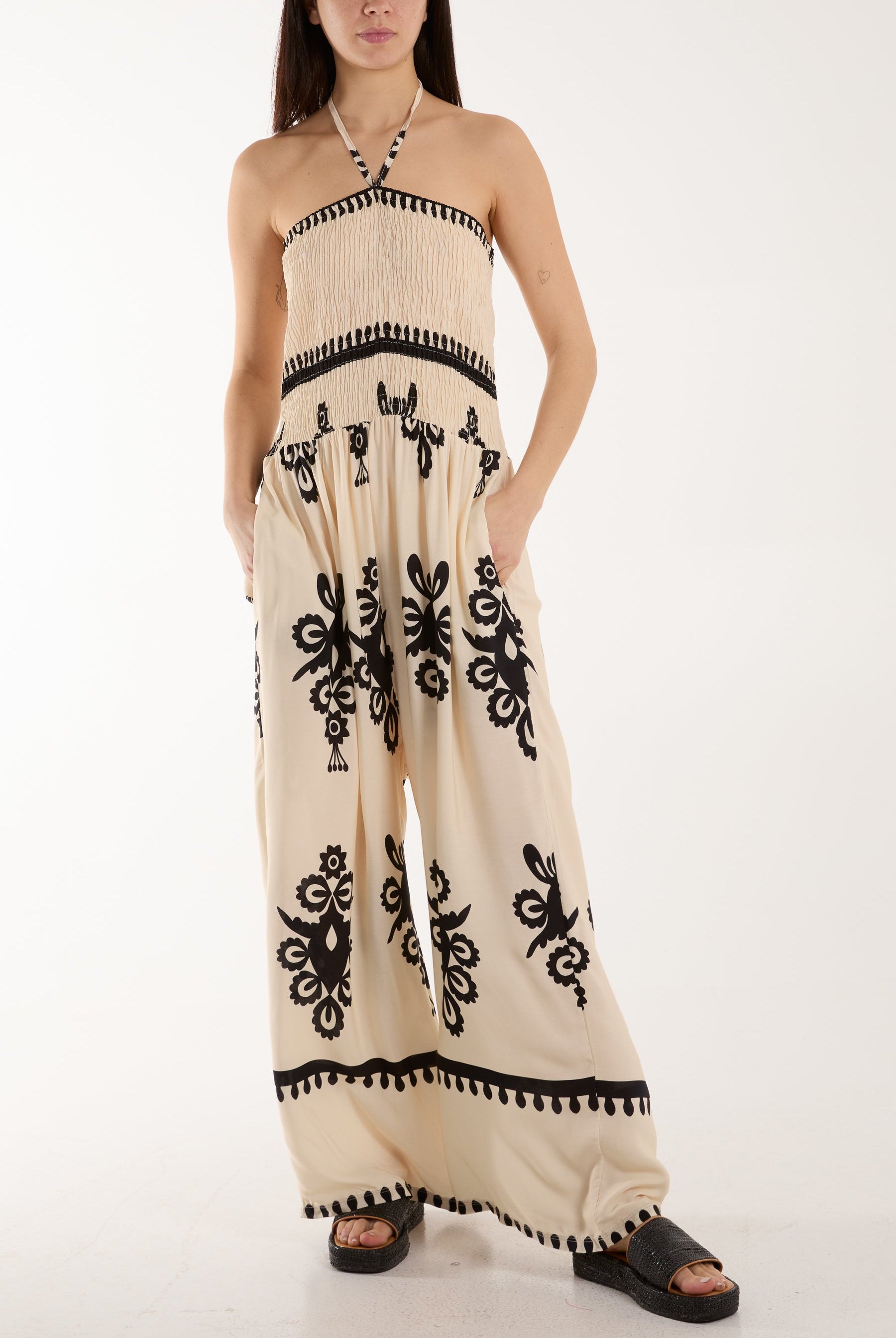 Shirred Bodice Bandeau Printed Jumpsuit Jumpsuits WearAll Beige One Size