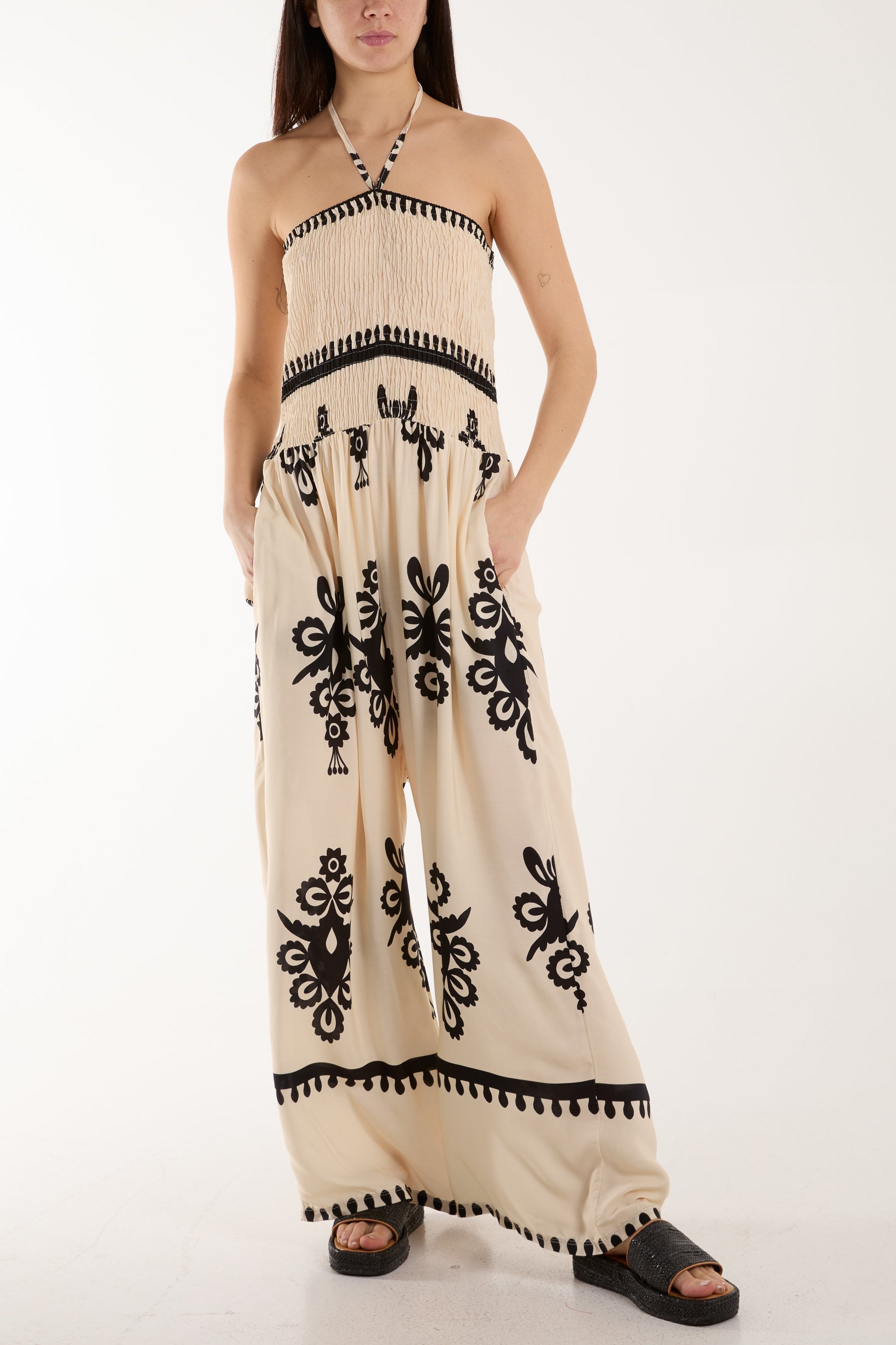 Shirred Bodice Bandeau Printed Jumpsuit Jumpsuits WearAll Beige One Size