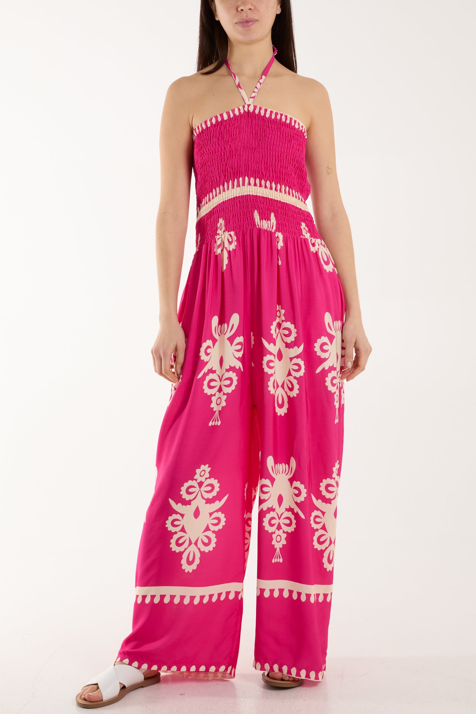 Shirred Bodice Bandeau Printed Jumpsuit Jumpsuits WearAll Fuchsia One Size