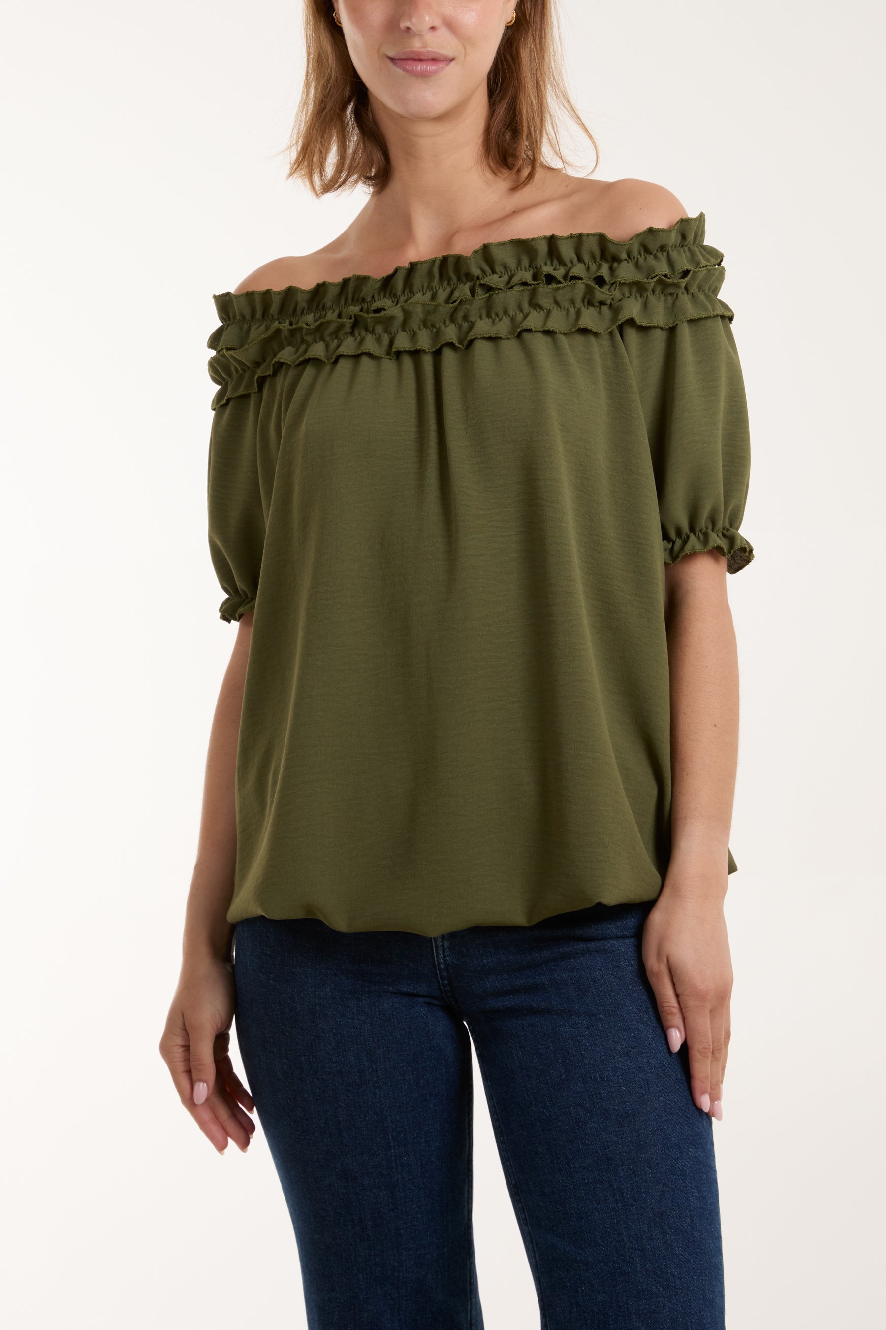 Ruffle Bardot Bubble Hem Top Tops WearAll Khaki One Size