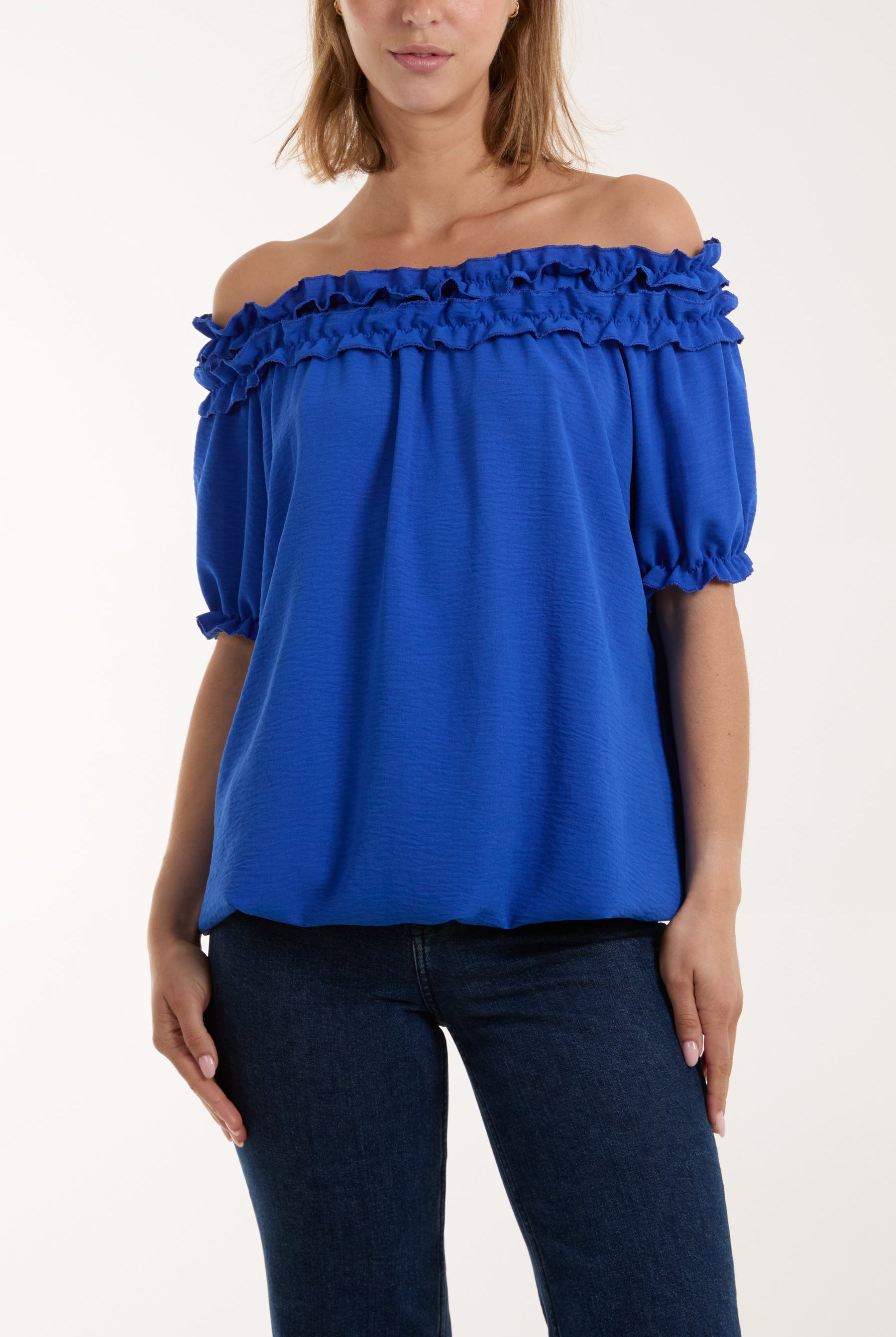 Ruffle Bardot Bubble Hem Top Tops WearAll Royal Blue One Size